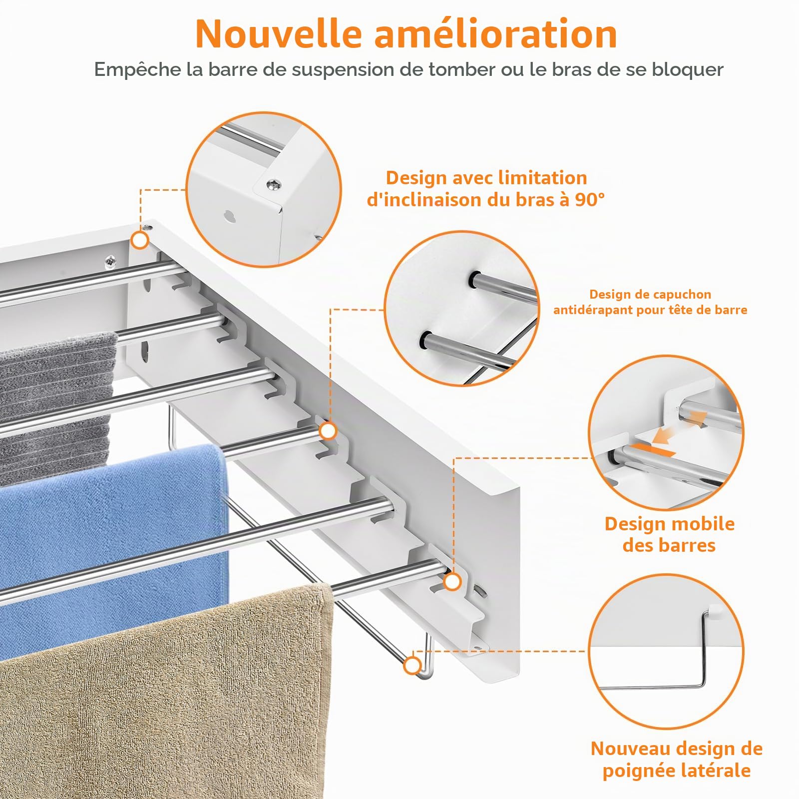 Sèche-Linge Mural Pliable Linge Rétractable 6 Barres 100 cm Blanc