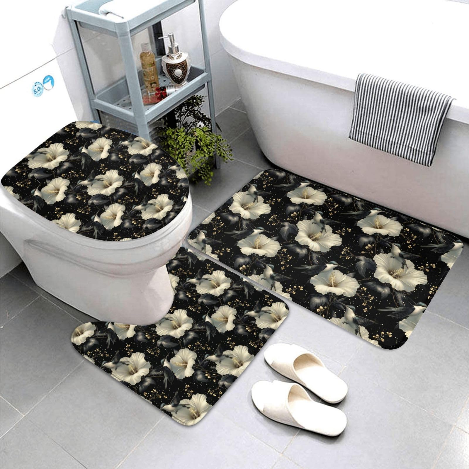Tapis de salle de bain doux motif colibri ensemble de 3 pièces lavables en U