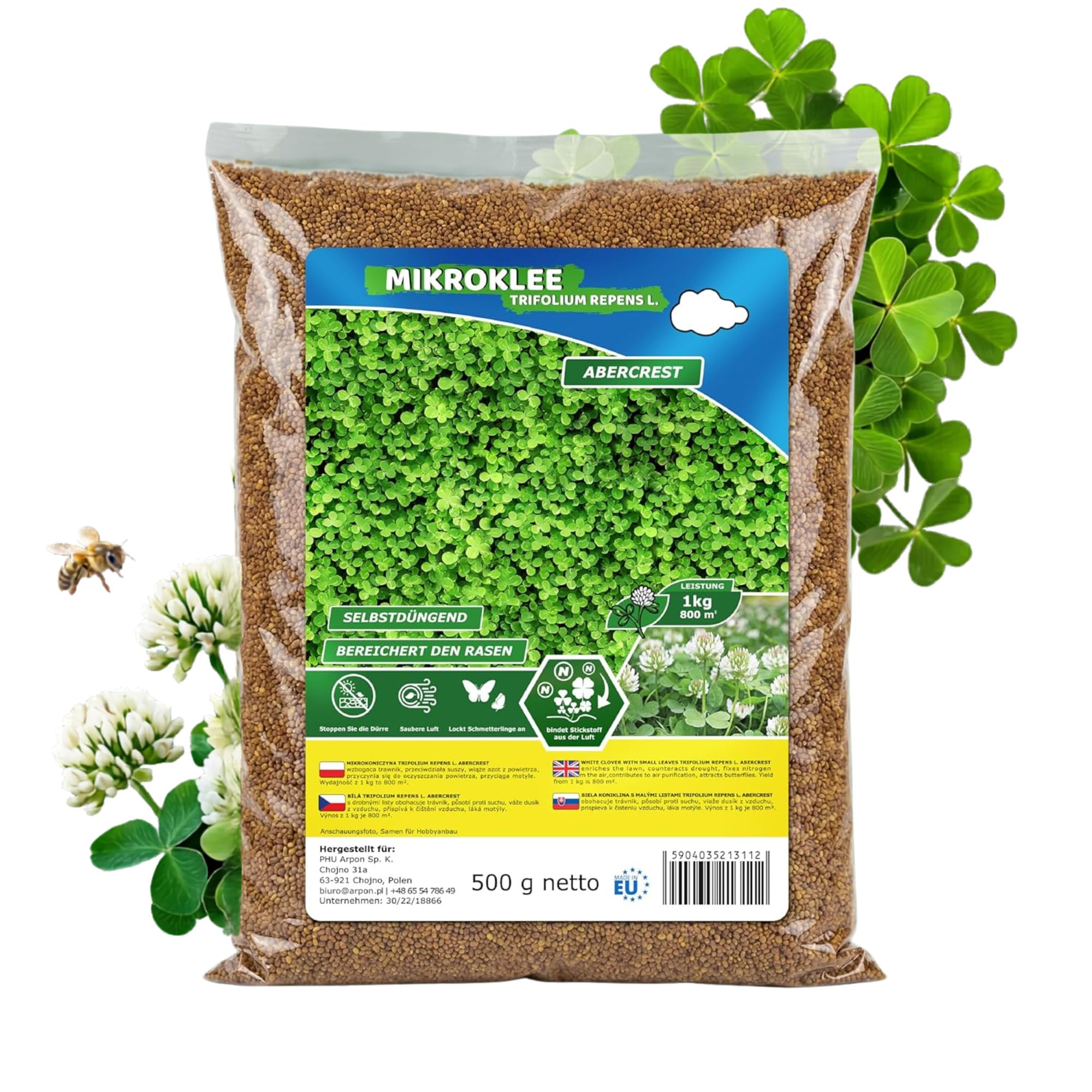 Mikroklee - Weißklee Trifolium repens 500g - Rasenklee bereichert den Rasen - Klee Samen zur Anlockung von Bienen -Saatgut für gleichmäßige, dichte Grasnarbe das ganze Jahr über