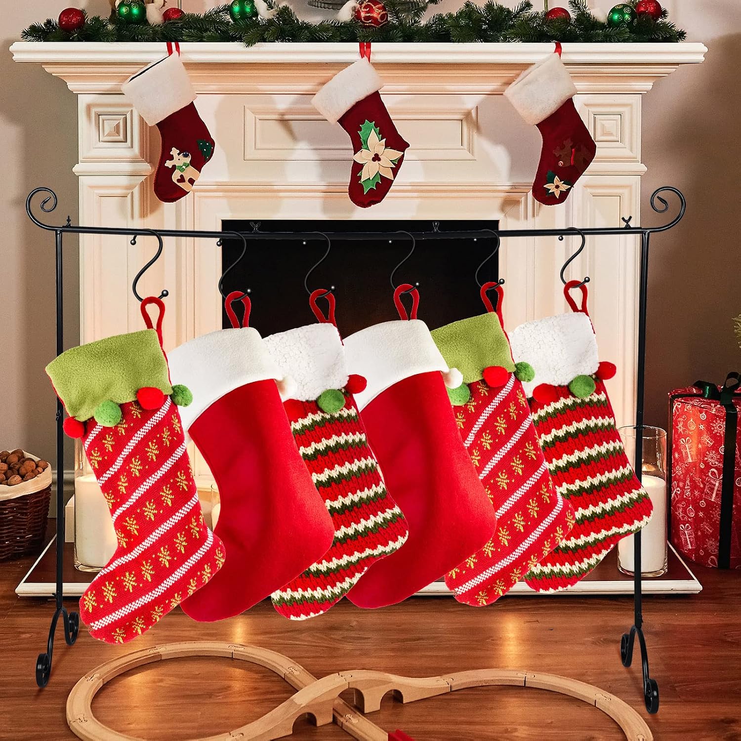 Sosation Christmas Stocking Holder Stand with 6 Hook Extra Large Freestanding Stocking Hanger Rack for Floor Metal Holiday Decor Xmas Stocking Ornament Hanger Display for Home, 41 "W x 35.3 "H