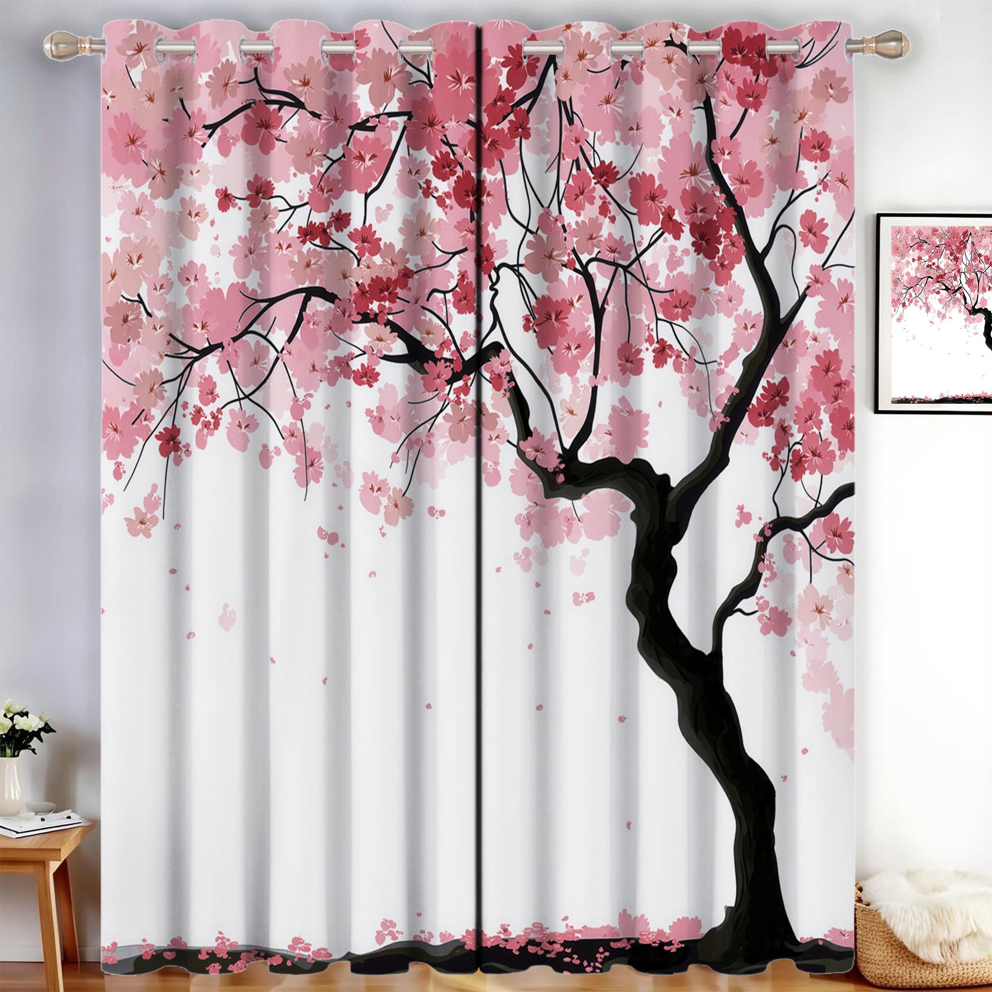 Kirschblütenbaum Vorhänge, Realistischer Stil Vorhang Blickdicht Thermo Verdunkelungsvorhänge Mit Ösen - Rosa Gardinen Wohnzimmer Schlafzimmer Fenster - H175 x B140 cm (2er Pack)