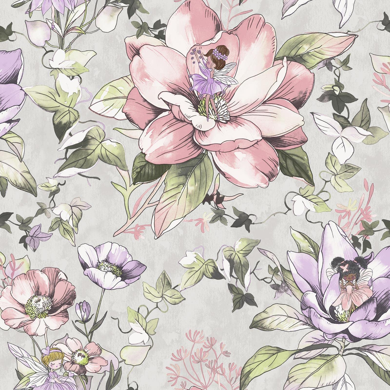 Holden Floral Fairies Wallpaper Colourful Flowers - Grey/Pink 13212