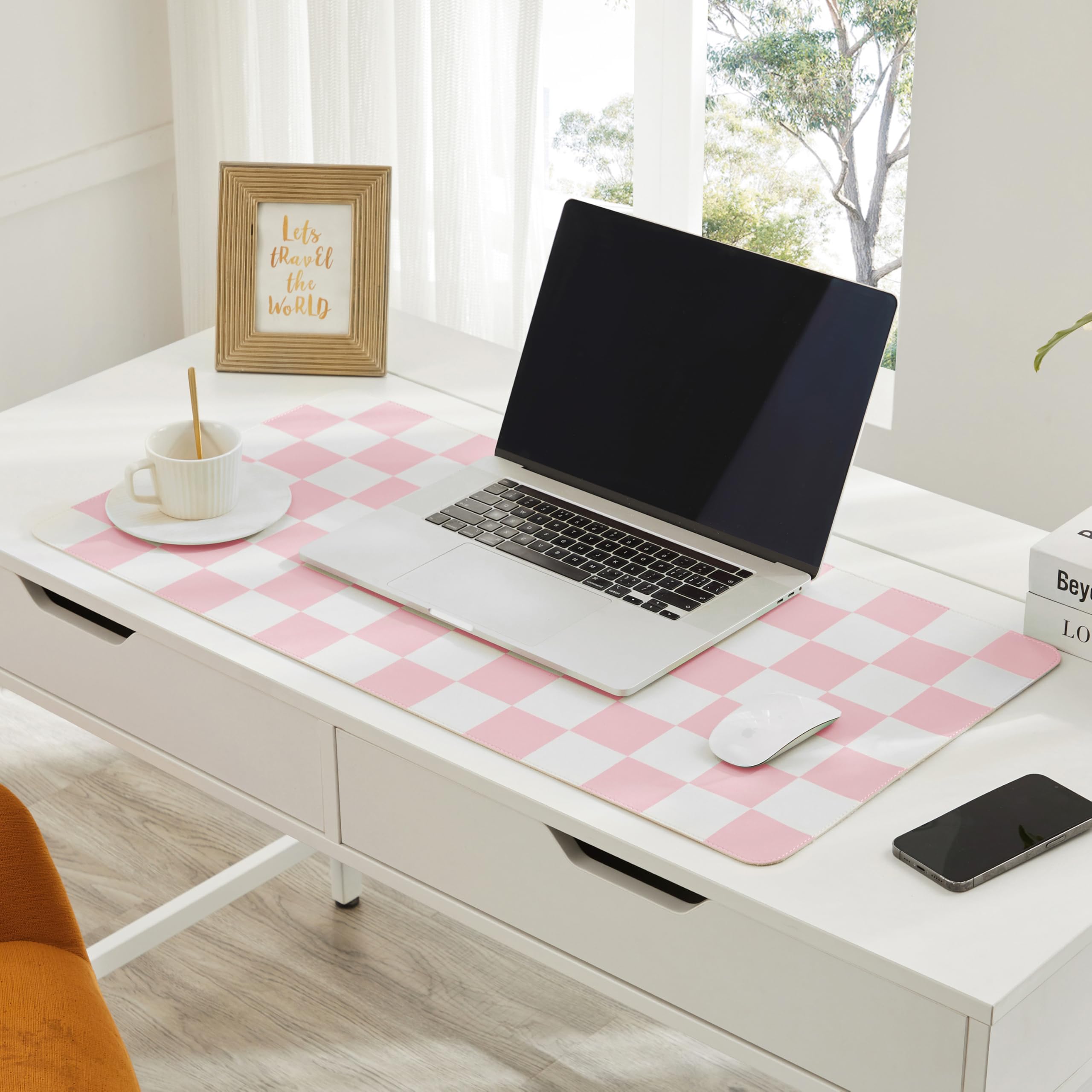 Ohocut Tappetino da scrivania a scacchi, grande, carino estetico retrò, in pelle PU, per computer portatile, antiscivolo, impermeabile, per scrivania per lavoro/casa (rosa, 80 x 40 cm)