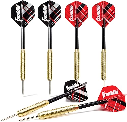 Franklin Sports Juego de dardos de punta de acero, paquete de 6 dardos de acero de 0.63 oz, vuelos estándar extraíbles de nailon y barriles de