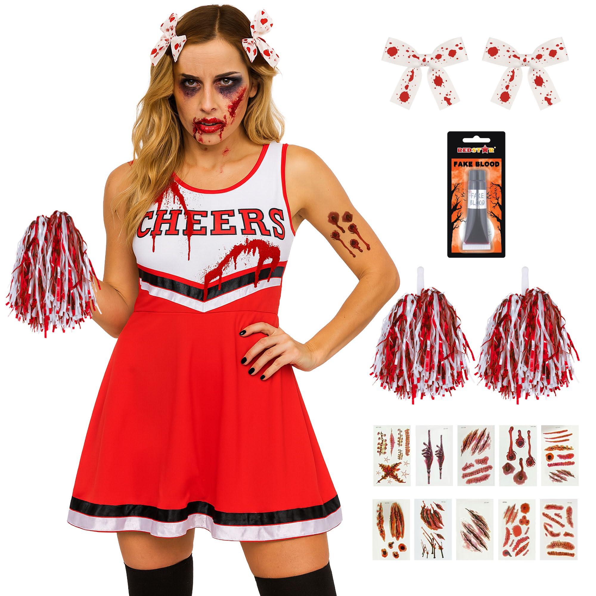 Zombie Cheerleader Halloween Costumes for Women - Dead Cheerleader Outfit Women with Pom Poms, Fake Blood, Scar Halloween Tattoos and Bloody Hair Clips - Womens Zombie Costume Adult Fancy Dress
