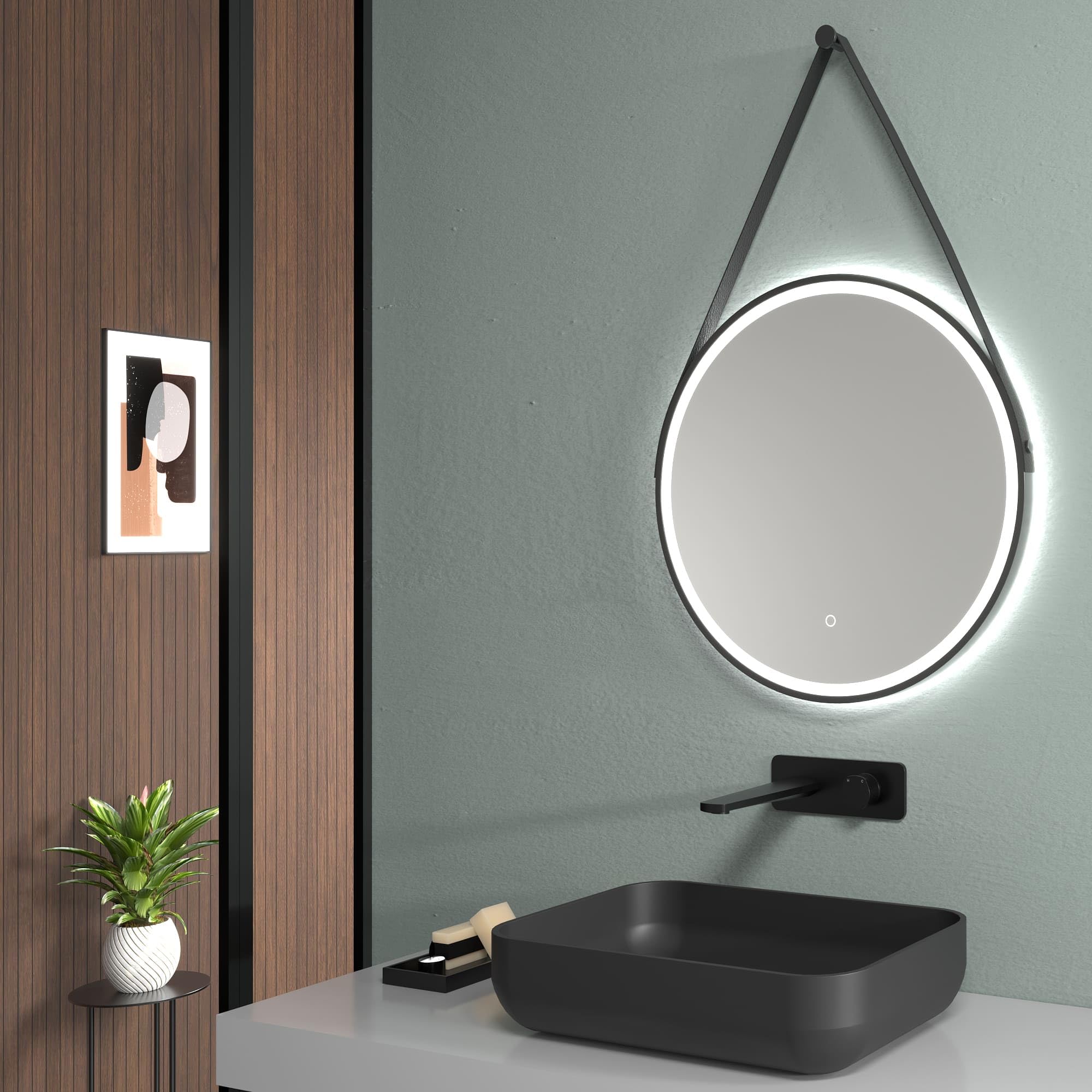 M Ledme Badkamerspiegel met licht, 60 x 60 cm, ronde houten spiegel, 15 W, dimbaar, 3 lichtkleuren, touch-schakelaar, HD-gehard glas, IP44, houtafwerking