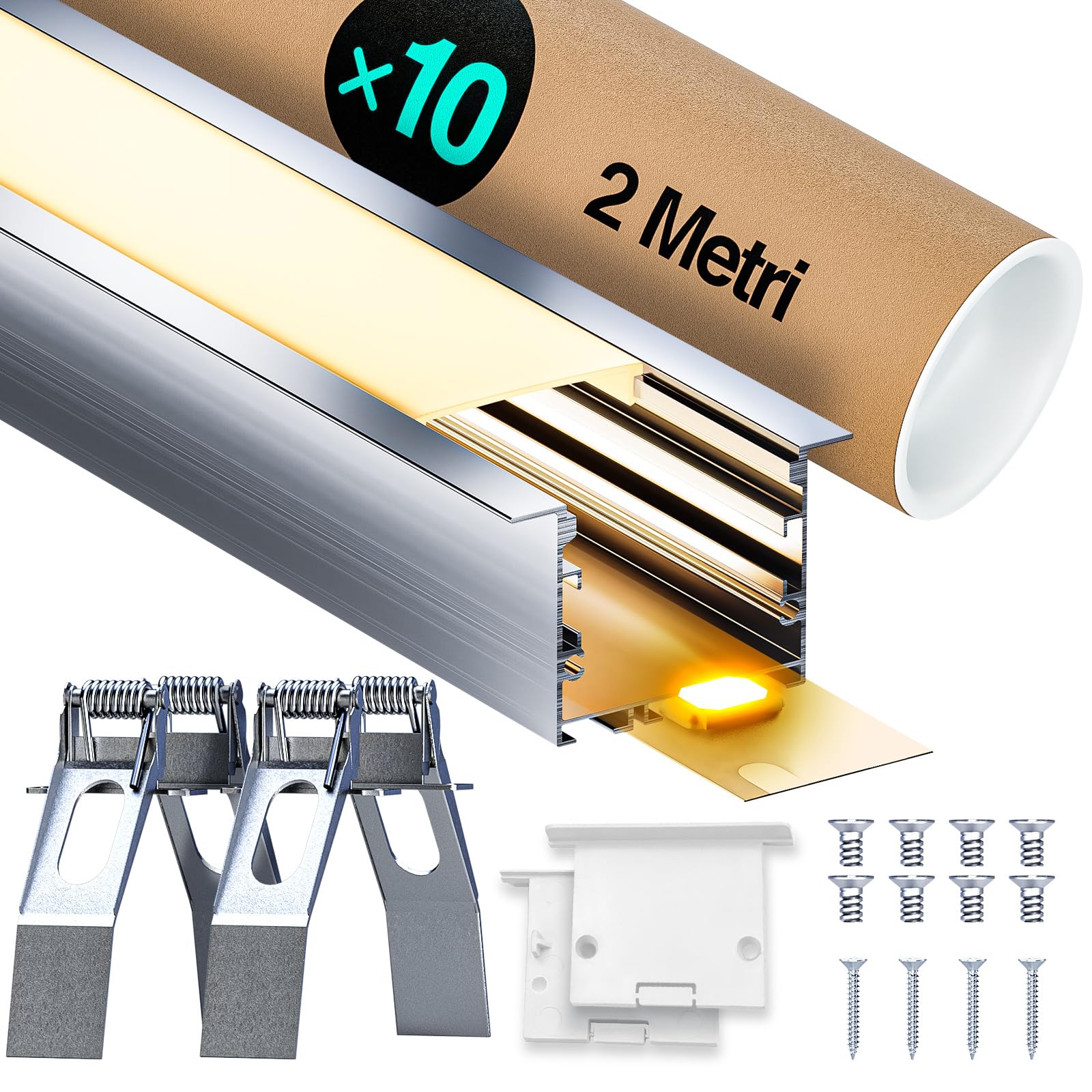 Profilé en Aluminium LED pour Stripes LED 10 x 2M (Total 20M) Canaux LED en U à Plâtre avec Couvercle en PC et Accessoires de Montage