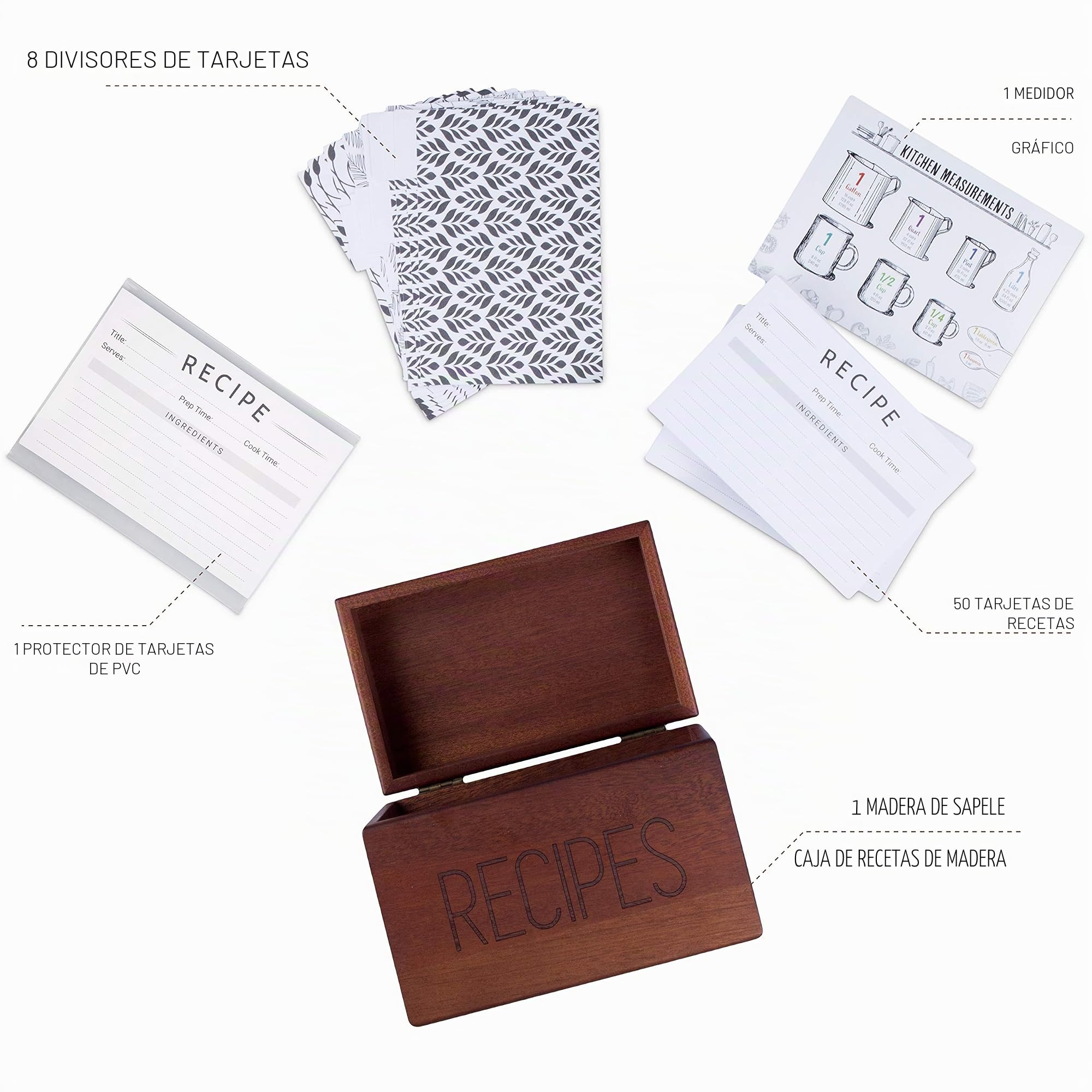 Apace Living Caja de recetas Sapele con tarjetas y divisores de Apace - Caja para tarjetas de madera de estilo vintage de 4 x 6 con soporte para recetas - Exclusivamente de la colección Premier