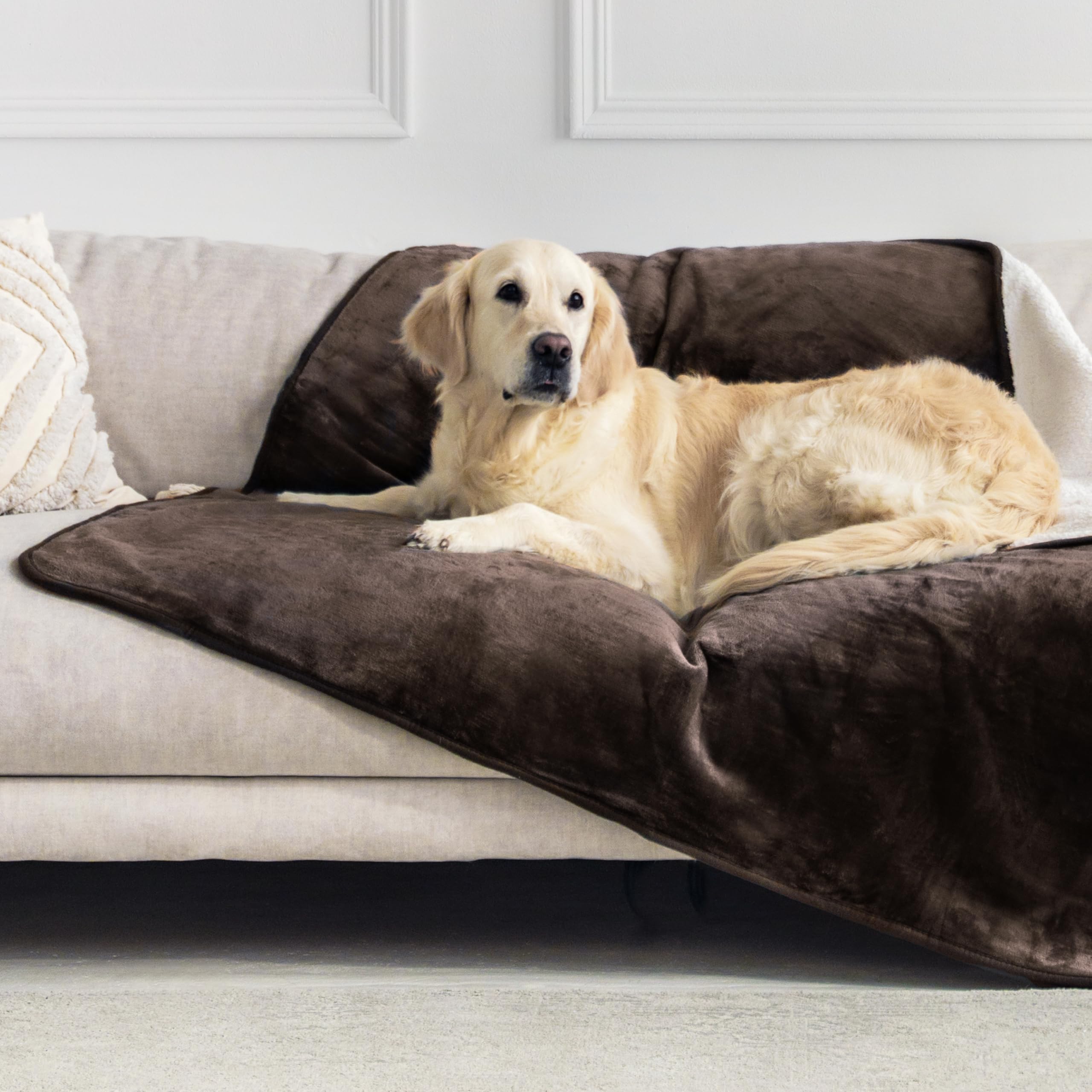 Dreamzie - Coperta Impermeabile per Cani - 127x152 cm - Marrone | Copridivano Reversibile · Lavabile in Lavatrice · Pile Sherpa · Animali · per Letto, Divano e Auto · Extra Morbido