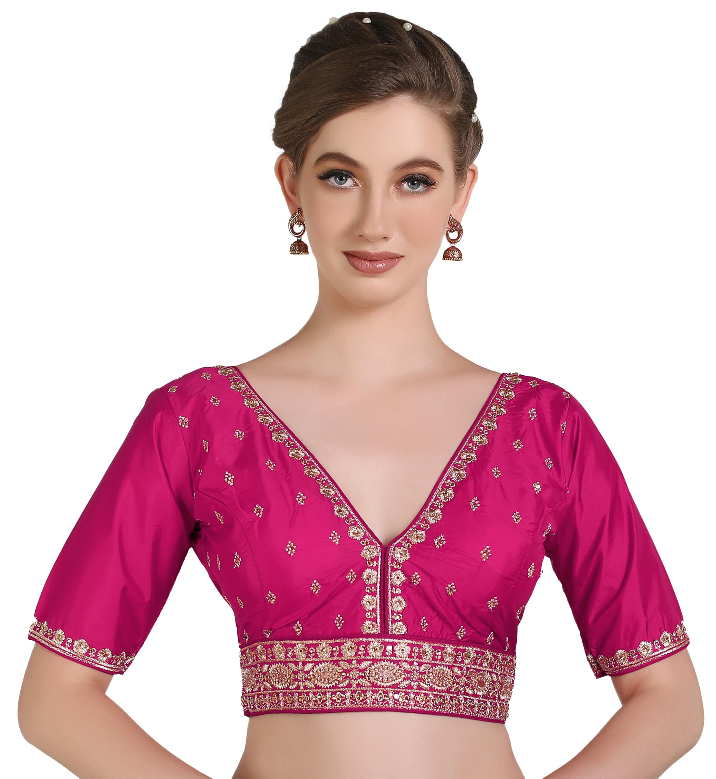 Pujia Mills Woman Readymade Ethnic Wear Deep V Neck Classic Butti Designer Half Sleeve Rani Blouse Online Embroidery Zari Work With Diamond Work Border Sadi Blouse