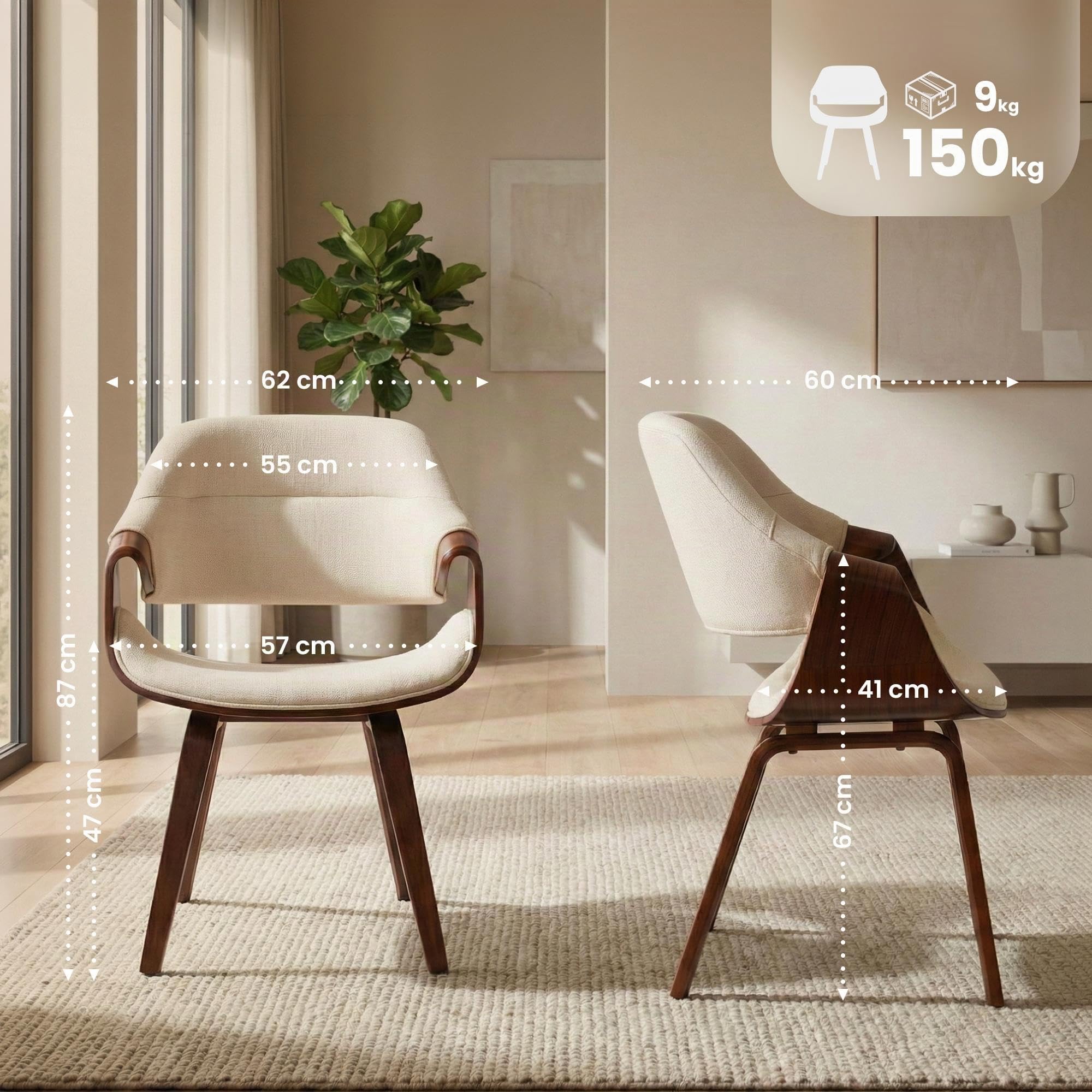 CLP Silla de Comedor tapizada con reposabrazos Maira, Silla ergonomica Estilo Nogal, Soporte hasta 150 kg Color:Nuez/Crema;Material:Tela