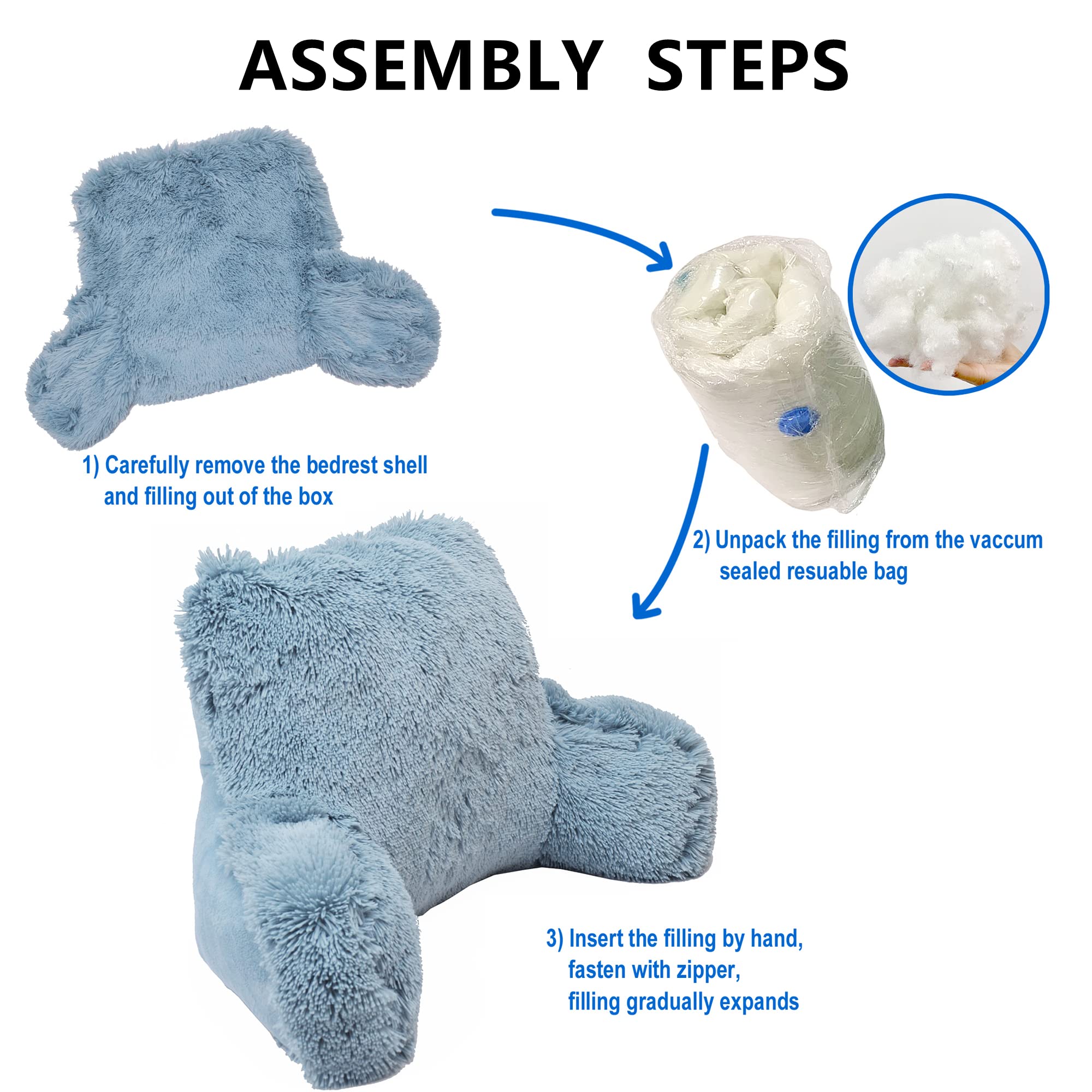 Home Soft Things Shaggy Faux Fur Backrest Reading Pillow with DIY Filling, Need Assembly, Study Lounger Bedrest Back Support for Sitting up in Bed, Silver Blue, 20