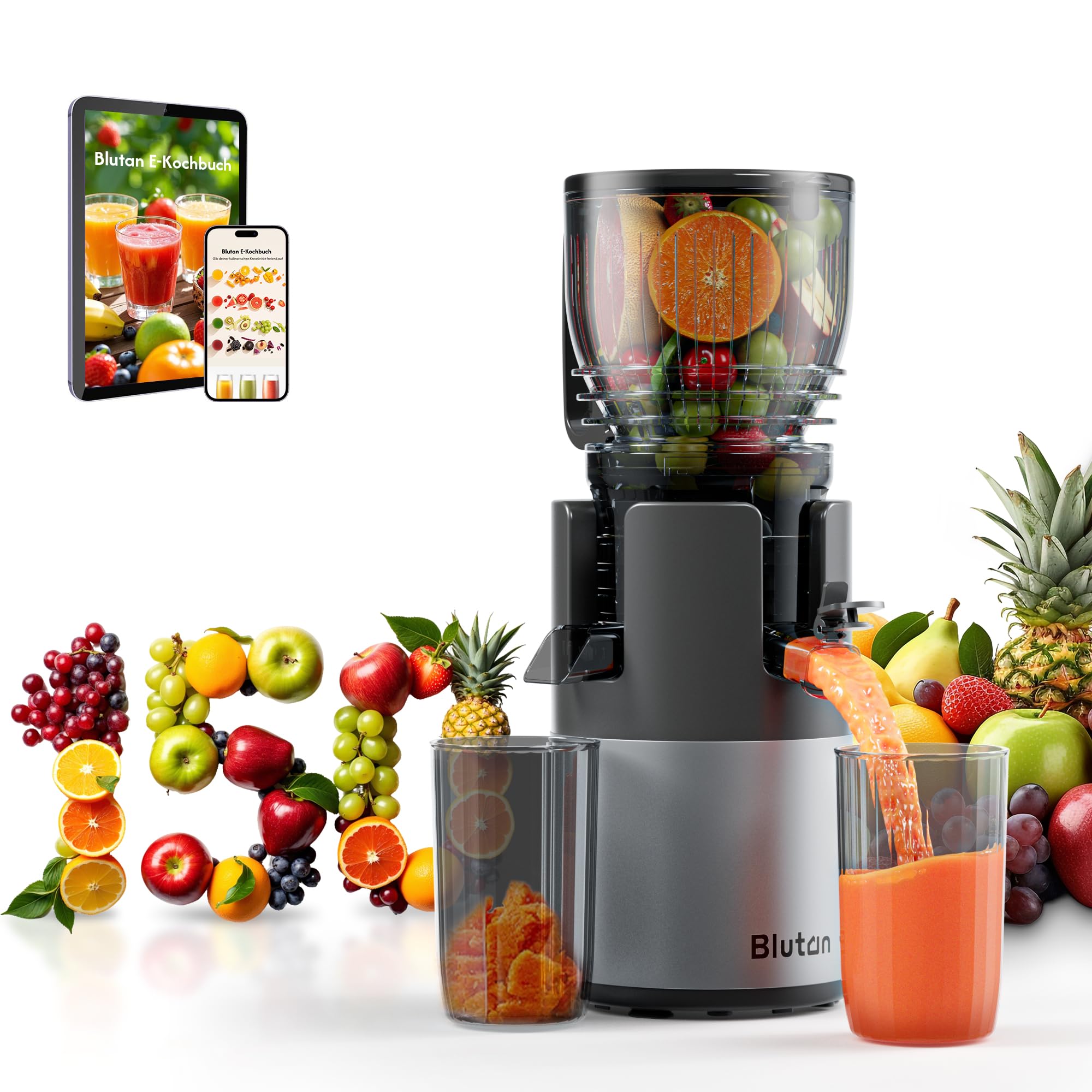 B Megajuicy 150 mm XL slow juicer - spremiagrumi a freddo per frutta e verdura, con retromarcia senza BPA, facile da pulire, incl. spazzola e 2 contenitori (550 ml, 450 ml), 300 W - per succo e