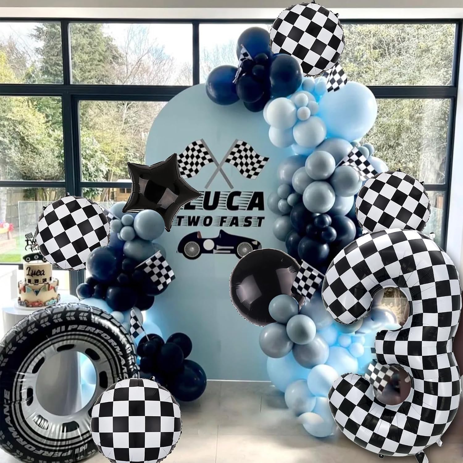 40 Inch Checkered Number Balloon 3 Large Black and White for Boys Race Car 3rd Birthday Party,Race Car Theme Number 3 Checkered Balloon Party Decor Supplies 7 Pcs image 5
