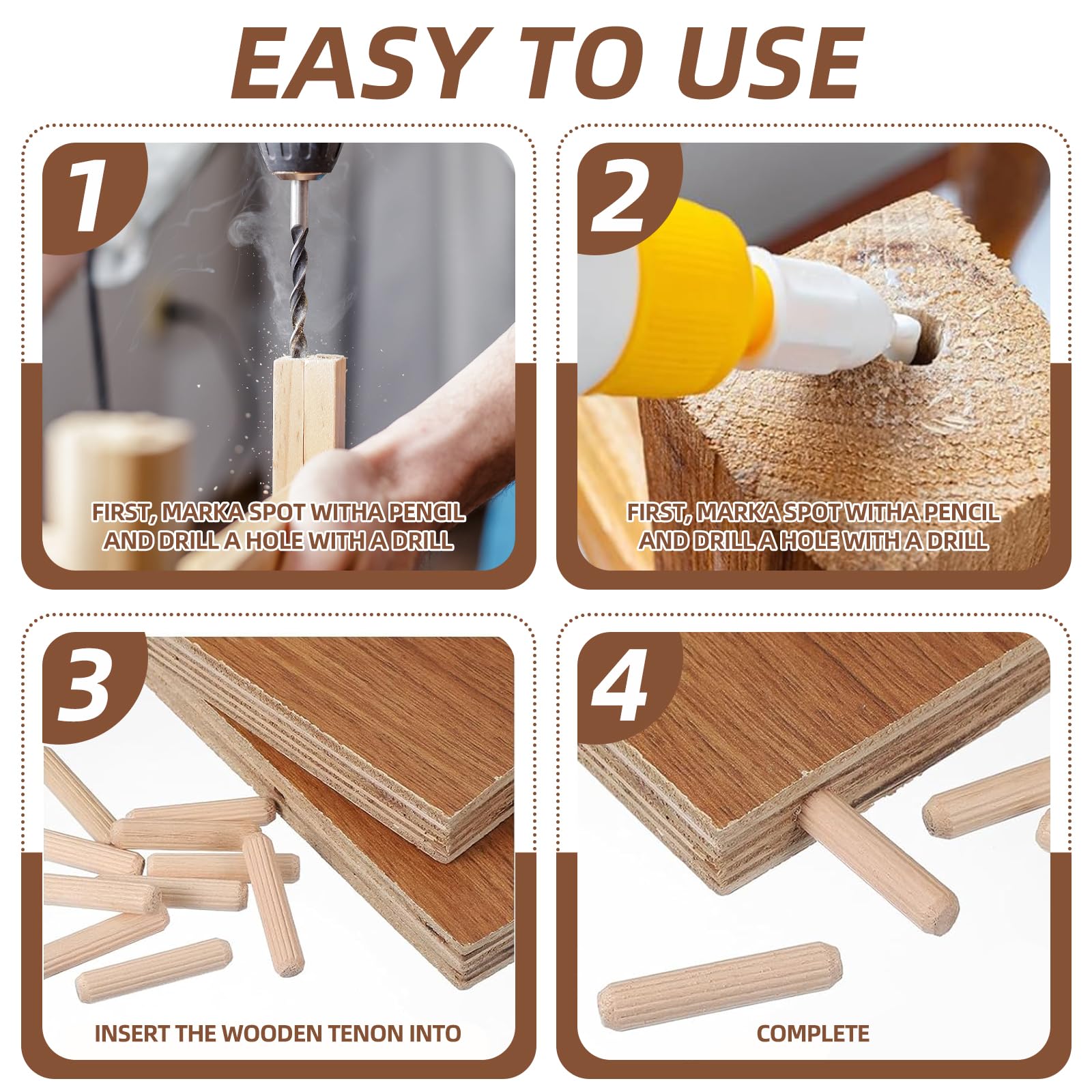 200 Pz Tasselli Legno Conici Scanalati, Spine per Legno a Forma di Ago 4mm, per Mobili Riparazioni Fai da Te Lavorazione del Accessori