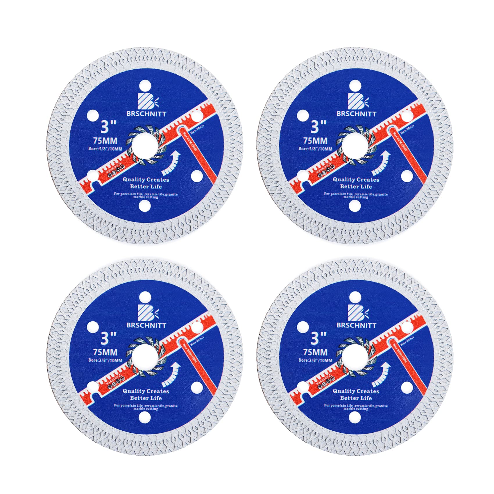 Super Thin Diamond Porcelain Saw Blade with X Teeth,BRSCHNITT 4pcs 75mm x Arbor 10mm Angle Grinder Diamond Cutting Disc for Dry/Wet Cutting Porcelain Tile Ceramic Marble Granite