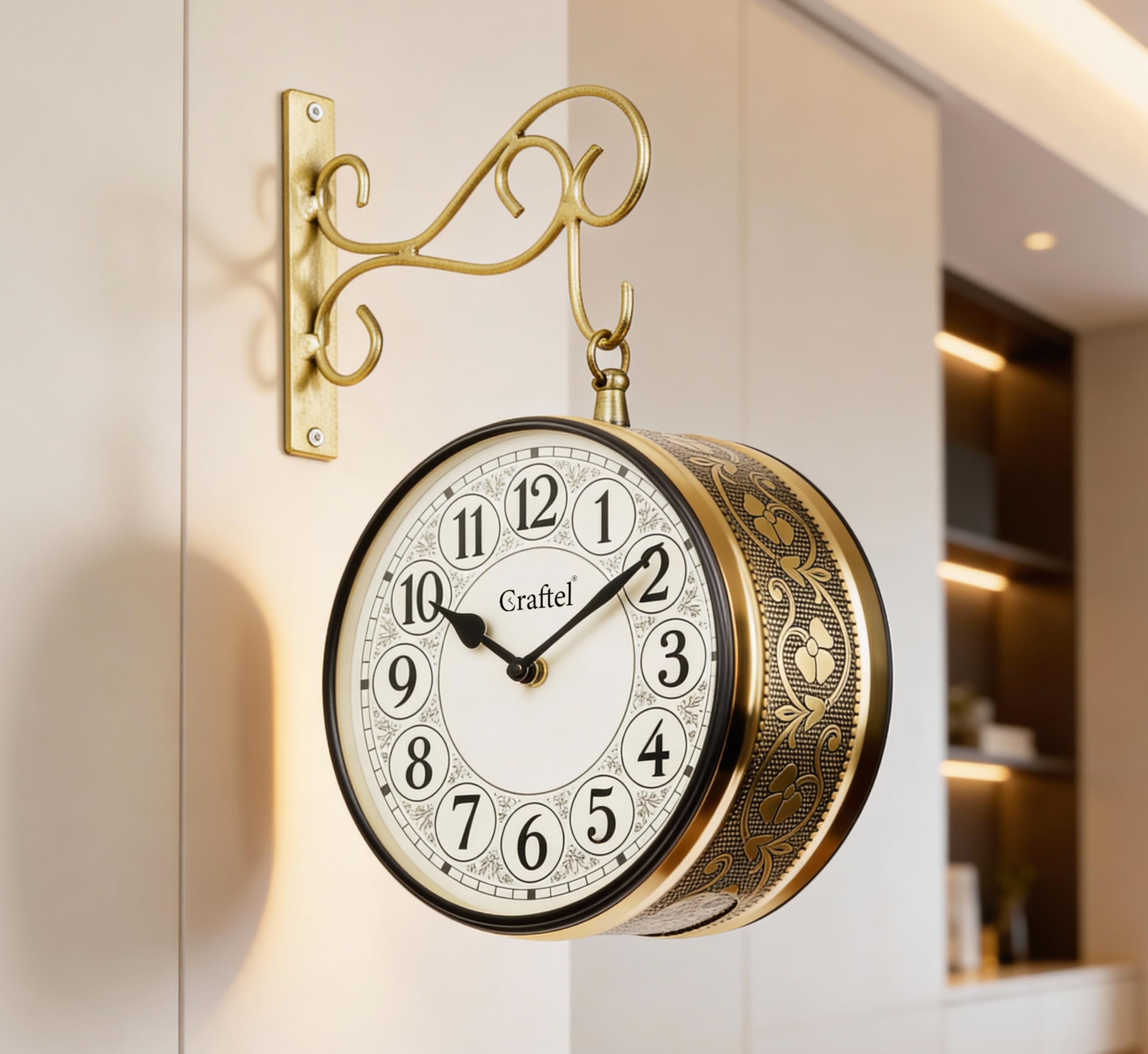 CRAFTEL Metal Analog Double Sided Vintage Railway Station Wall Clock Platform Hanging Clock for Living Room Home Office (Shiny Gold_8 Inches)