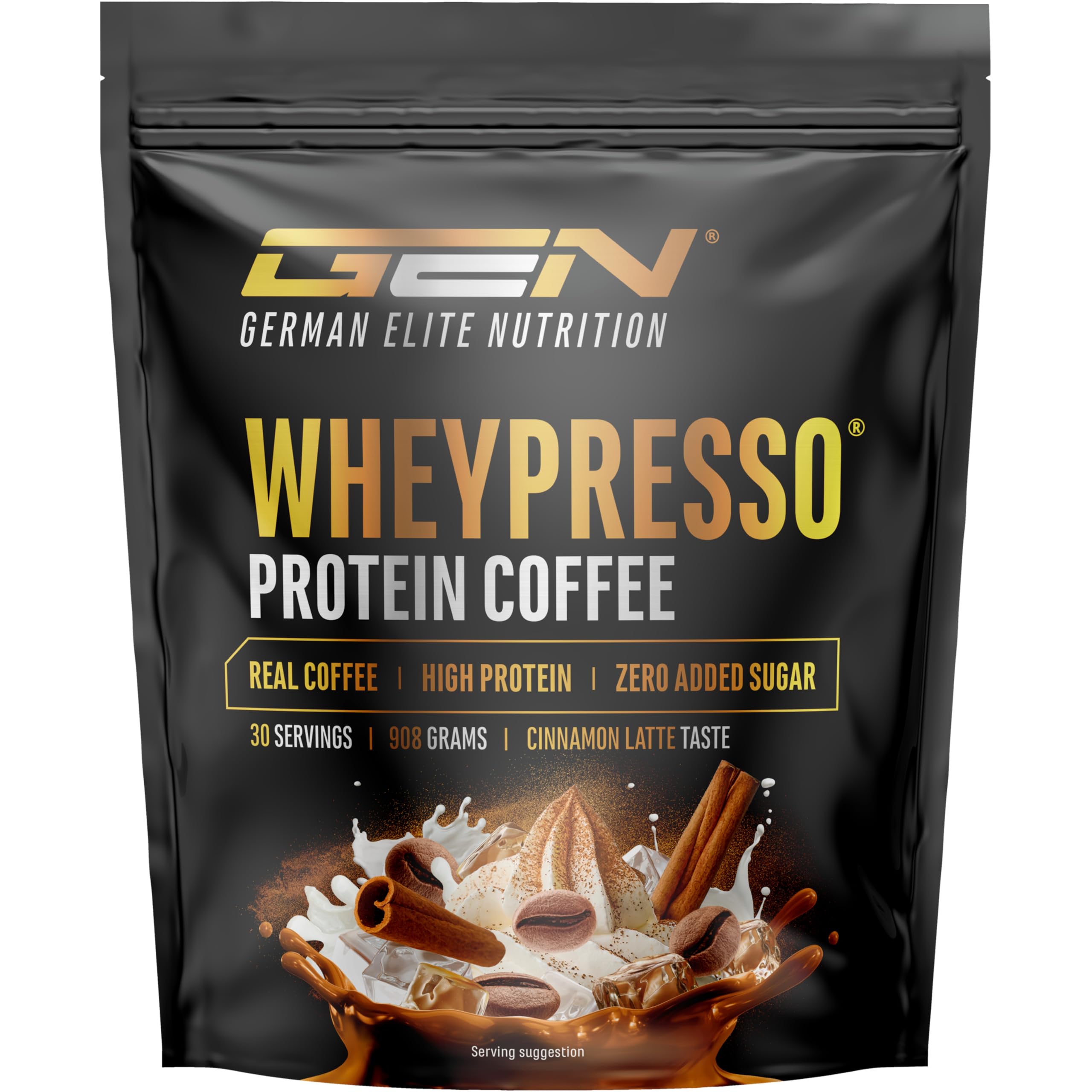 Wheypresso Protein Coffee - Proteína en polvo con concentrado y aislado de suero de leche - Con auténtico café y cafeína - Bebida cremosa rica en proteínas - (908 g, Café Latte con Canela)