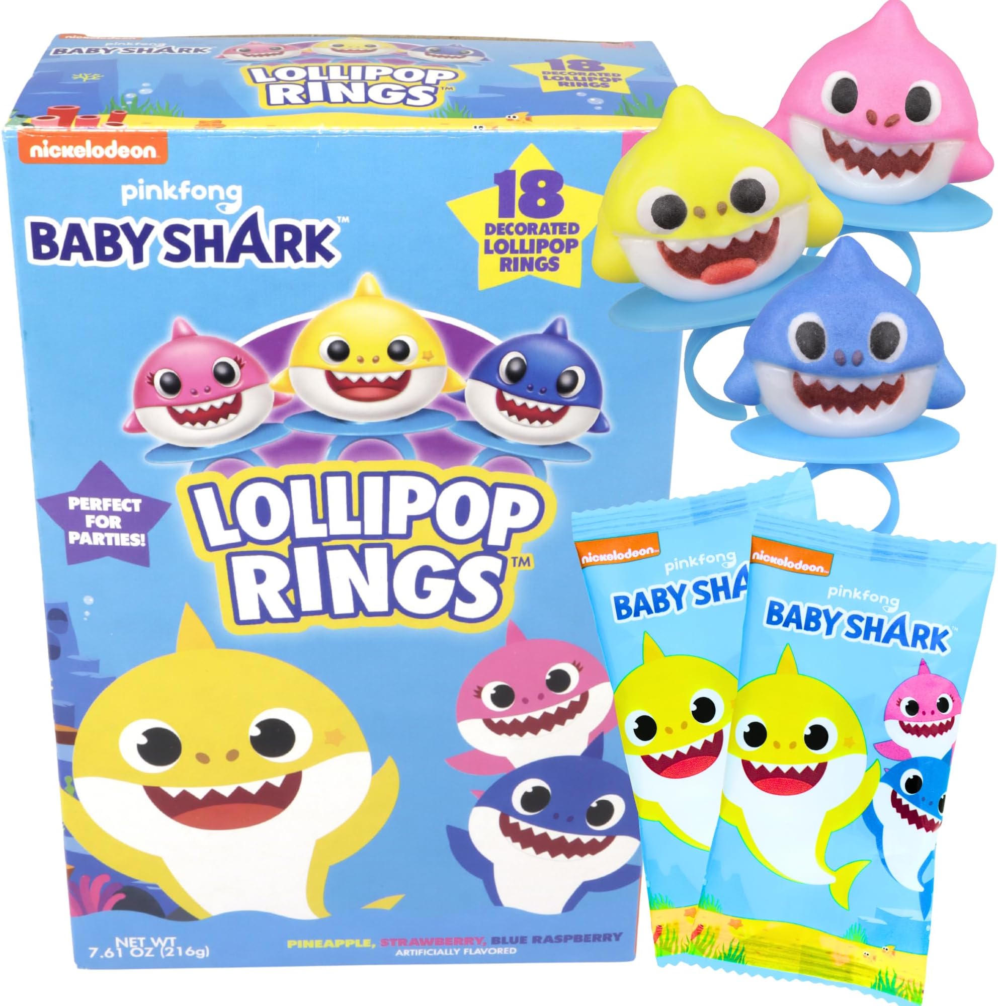 Baby Shark Lollipop Rings, Individually Wrapped Birthday Party Favors, Character Shaped Assorted Fruit Flavored Lollipops, Candy Goody Bag Fillers, 18 Rings