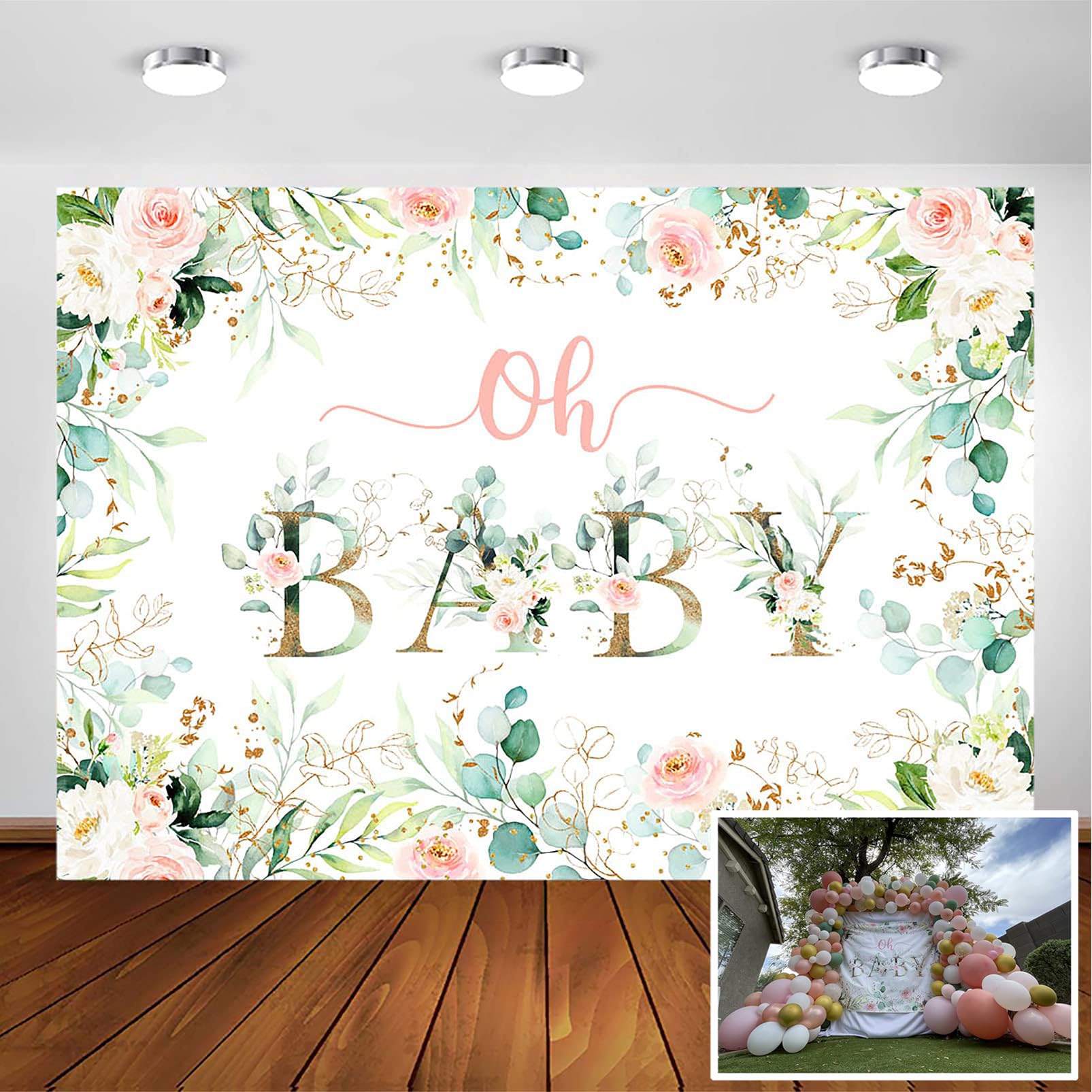 Avezano Greenery Girl Oh Baby Backdrop for Baby Shower Decoration Photography Background Blush Pink and Gold Floral Eucalyptus Greenery Leaves Baby Girl's Shower Party Photoshoot (7x5ft)