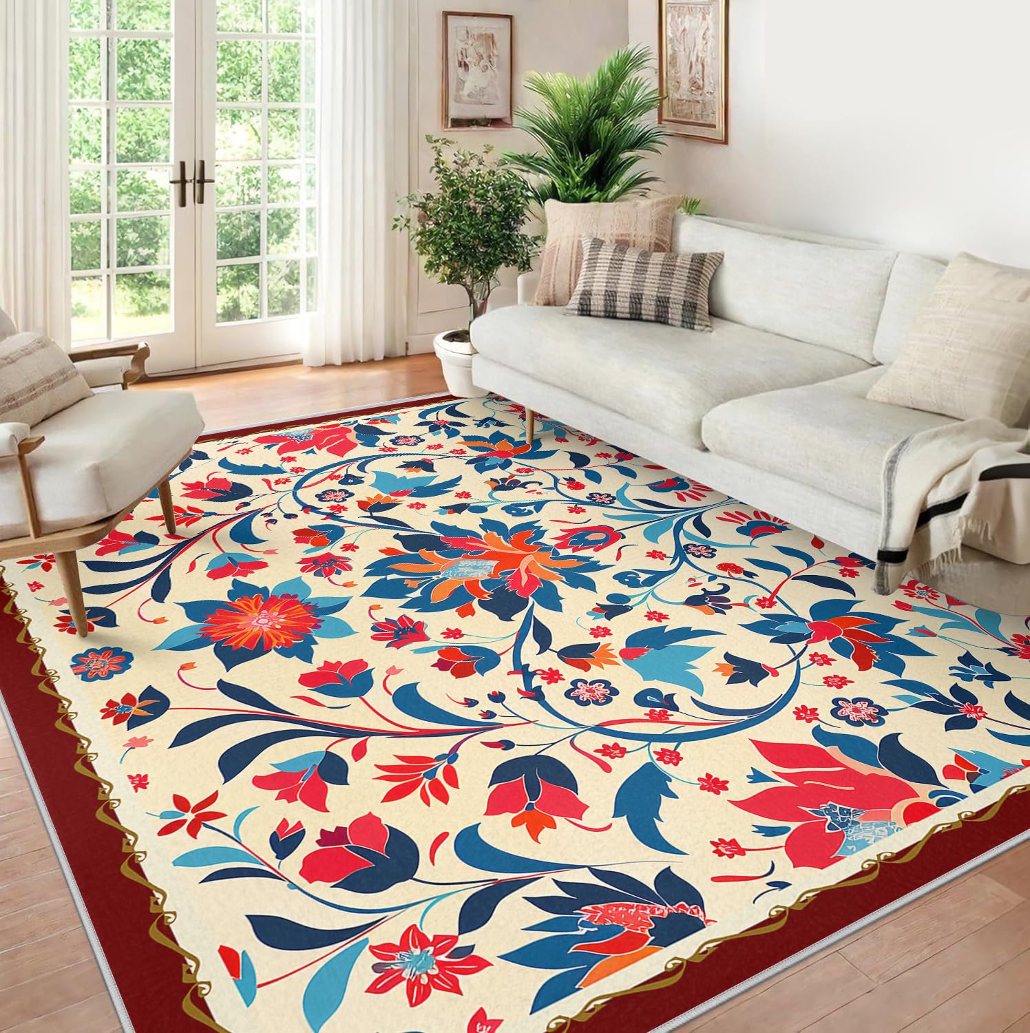Dywan obszarowy 140x200 cm tradycyjny orientalny design dywaniki z kwiatowym nadrukiem niebieski i czerwony dywan z niskim włosiem dywan do obszarów o dużym natężeniu ruchu w salonie i sypialni