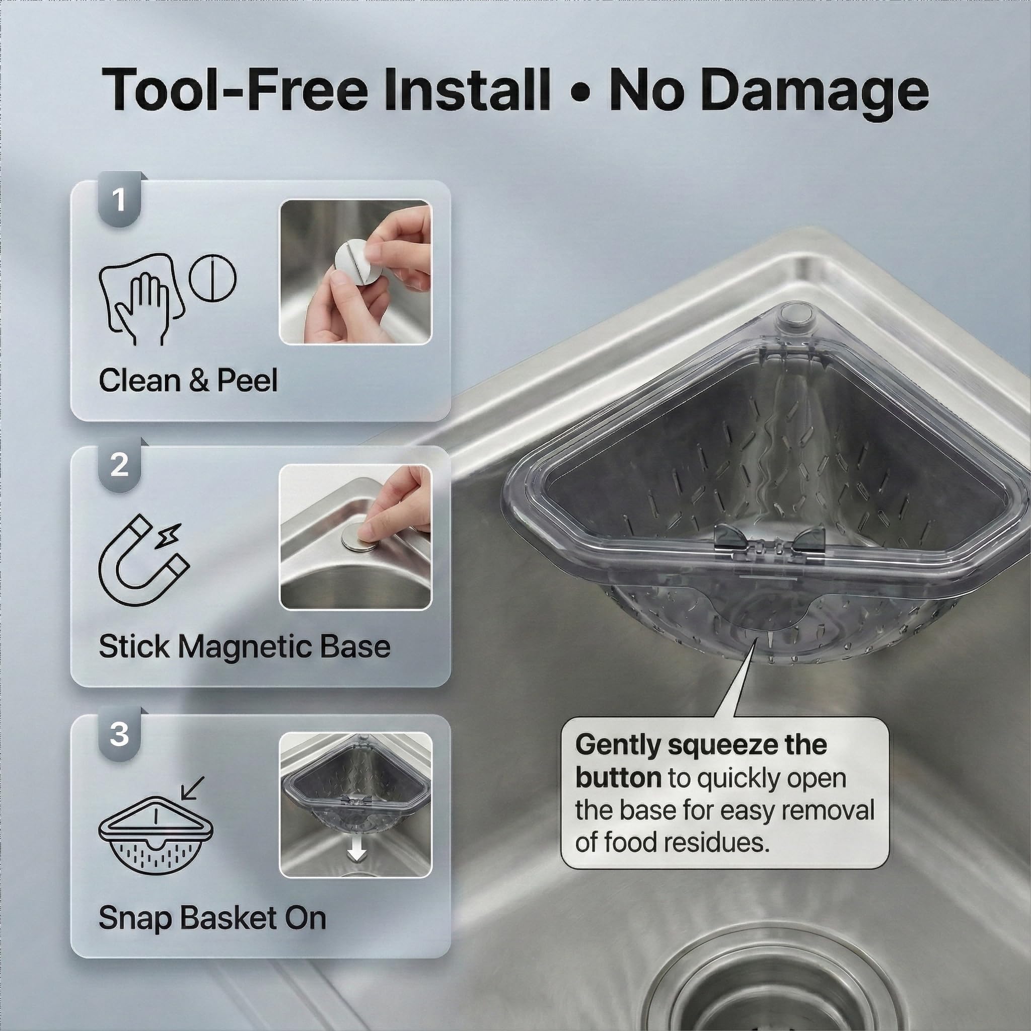 Magnetic Corner Sink Strainer Basket with Twist-Open Bottom, 6.69" Triangular Drain Rack for Food Scraps, Sponge Holder & Quick-Rinse Produce Basket, No-Drill Mount with Adhesive Metal Plate, ABS (1) — view 6