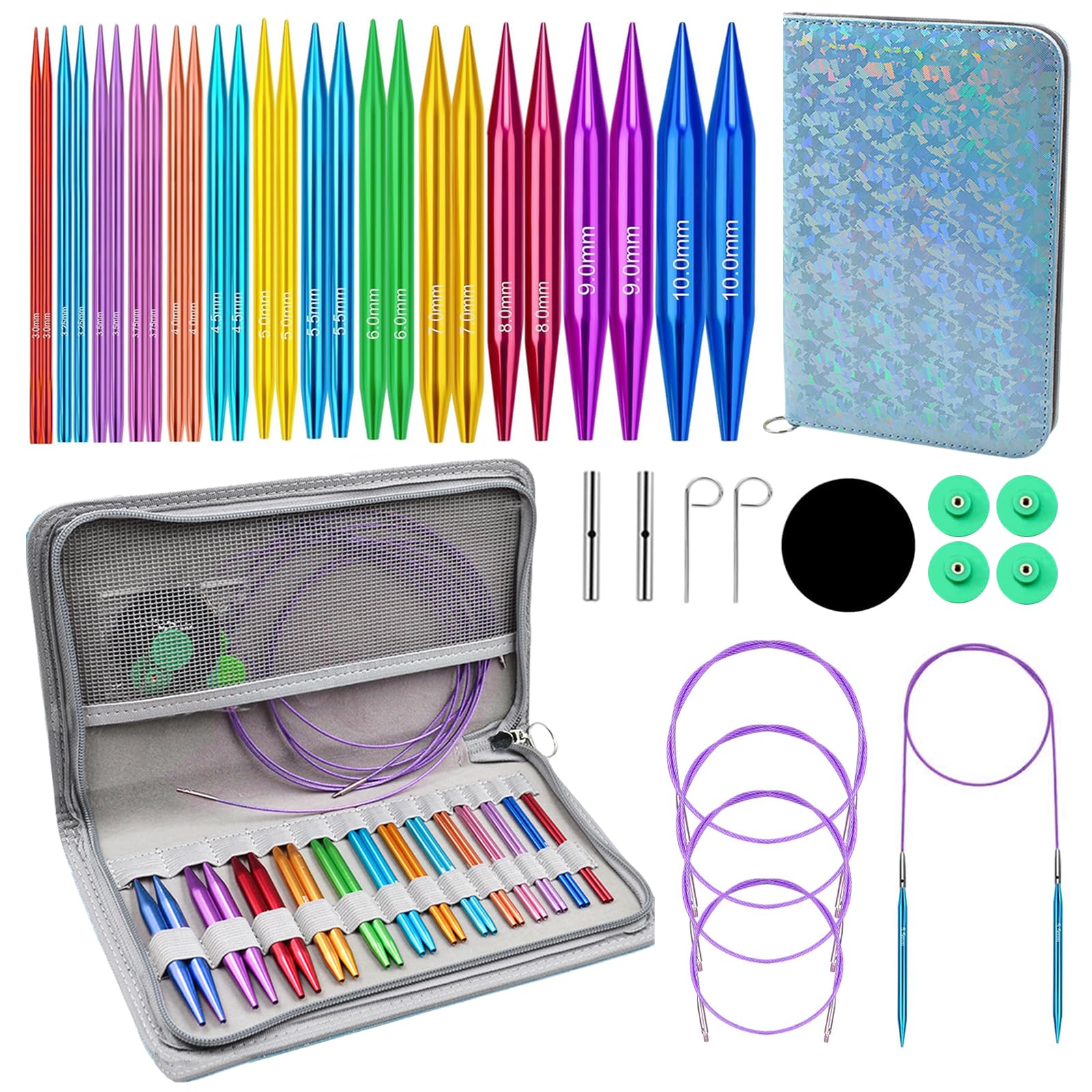 Yarniss 13 Pairs Circular Knitting Needle Set 3.0~10.0mm, Interchangeable Aluminum Knitting Needles with Case Colorful