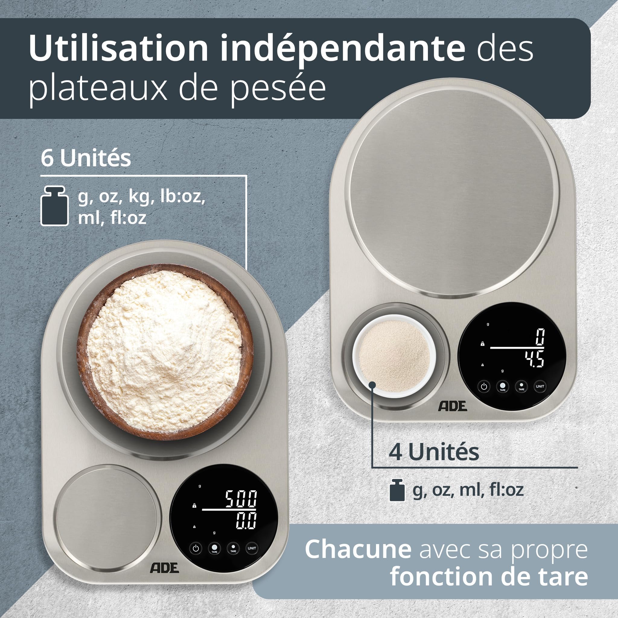 ADE Balance de cuisine electronique avec 2 plateformes 5kg/1g & 500g/0,1g | balance de précision à 0,1g près pour la cuisine | capacité de charge de 5 kg