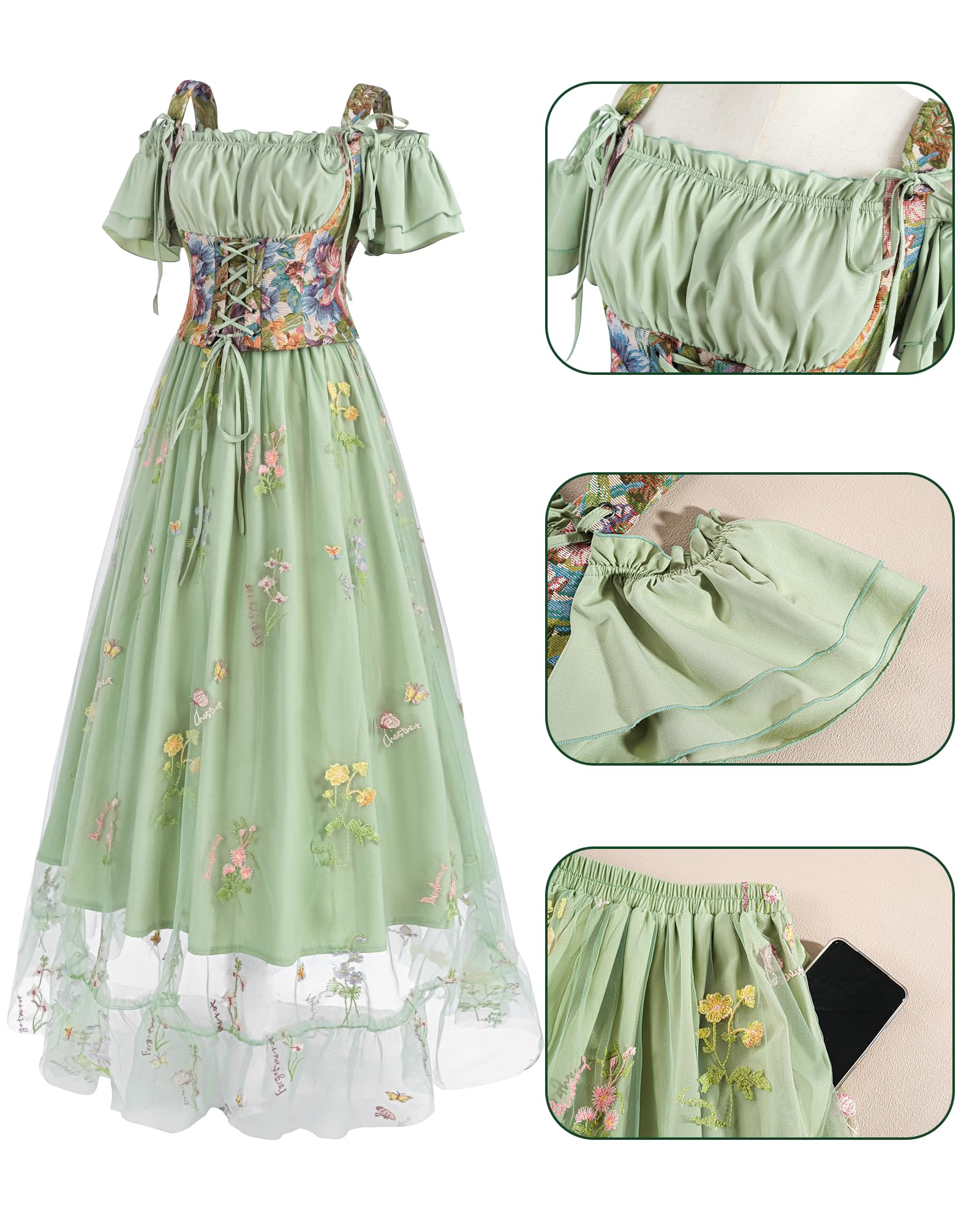 Ensemble de vêtements médiévaux pour femme - Costume d'elfe - Robe maxi 2 pièces en vert - Haut épaules dénudées et jupe en tulle avec broderie florale