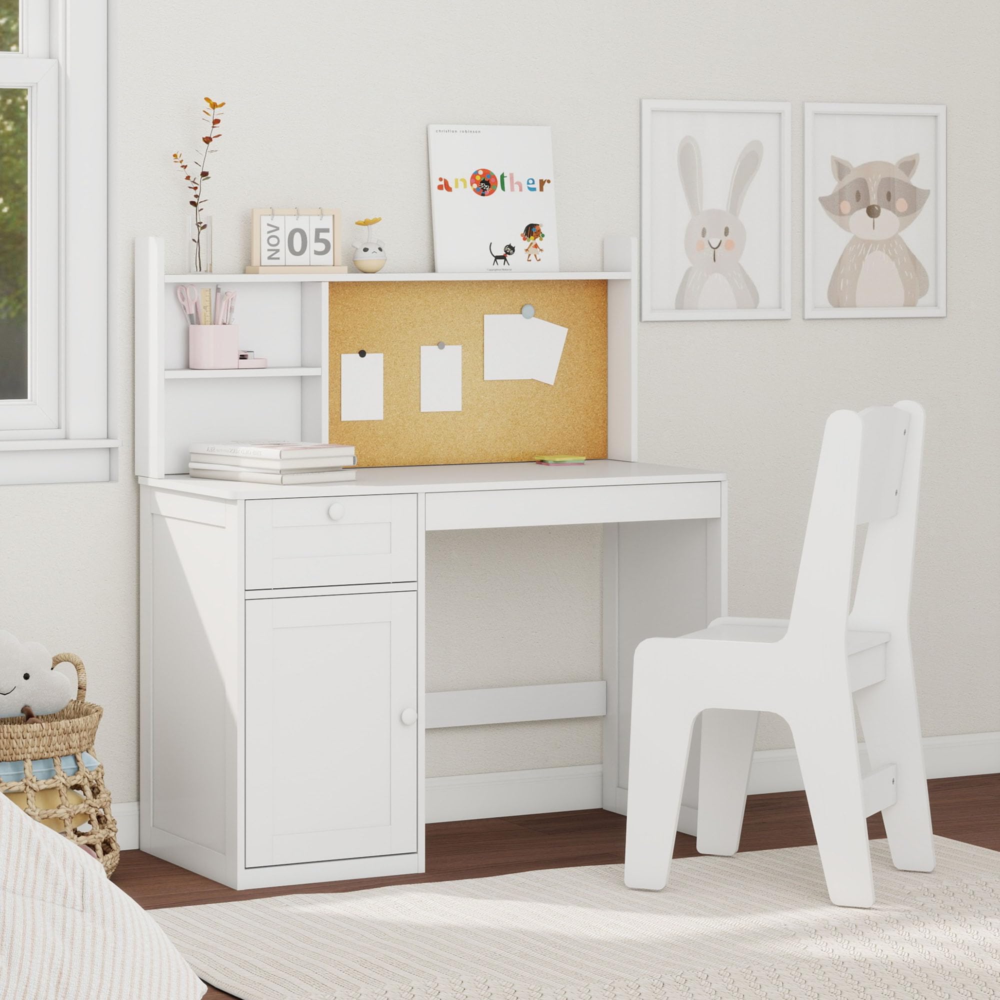 Escritorio de estudio para niños con silla, juego de sillas de escritorio para niños de 5 a 12 años, mesa de estudio de madera para niños con gabinete y gabinete de almacenamiento, mesa de escritura 3