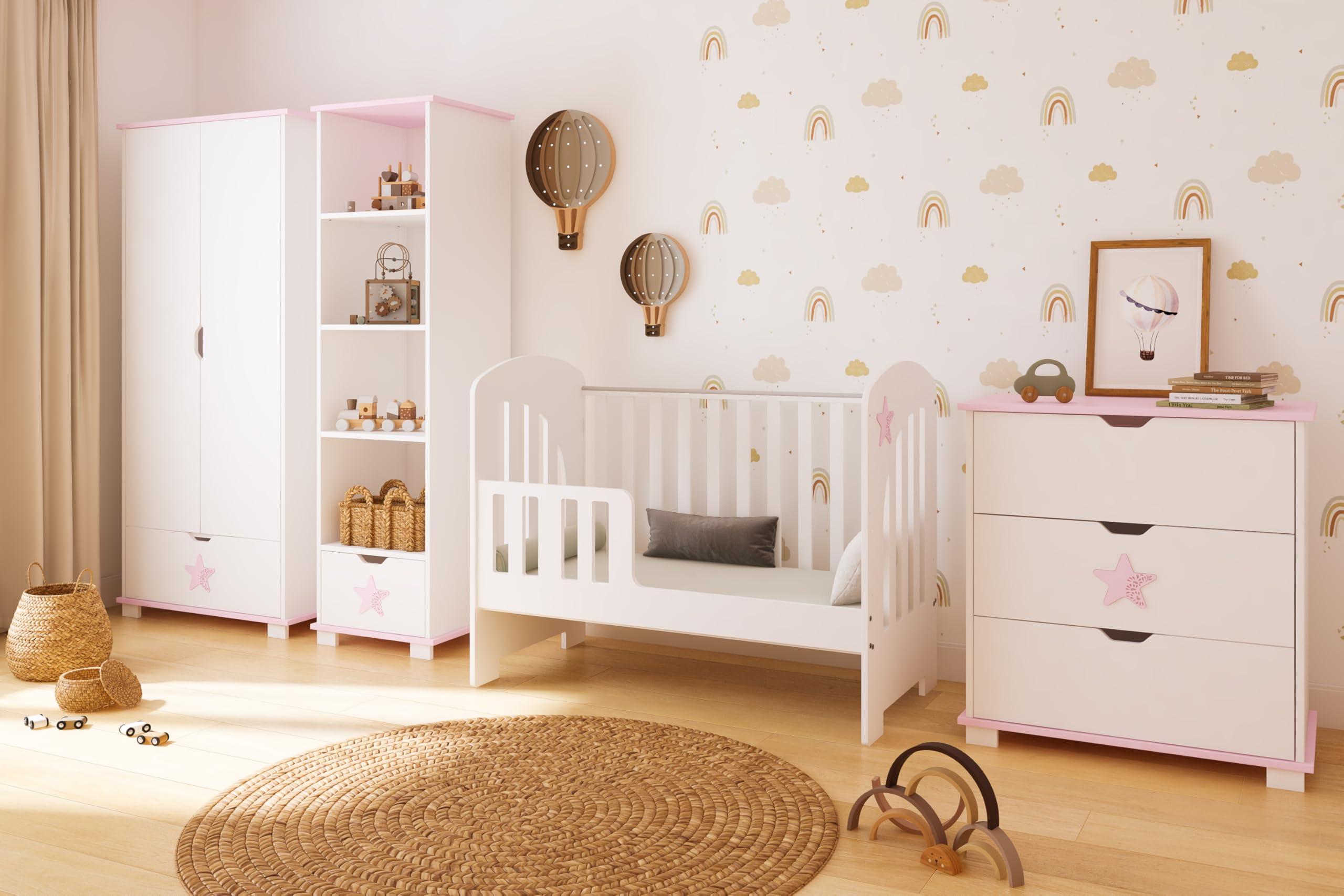 zee Star Cómoda Cambiador Bebé Blanca 83 x 87 x 49 cm con 3 Cajones y Cambiador Desmontable, Mueble Infantil Estilo Escandinavo, Star Rosa