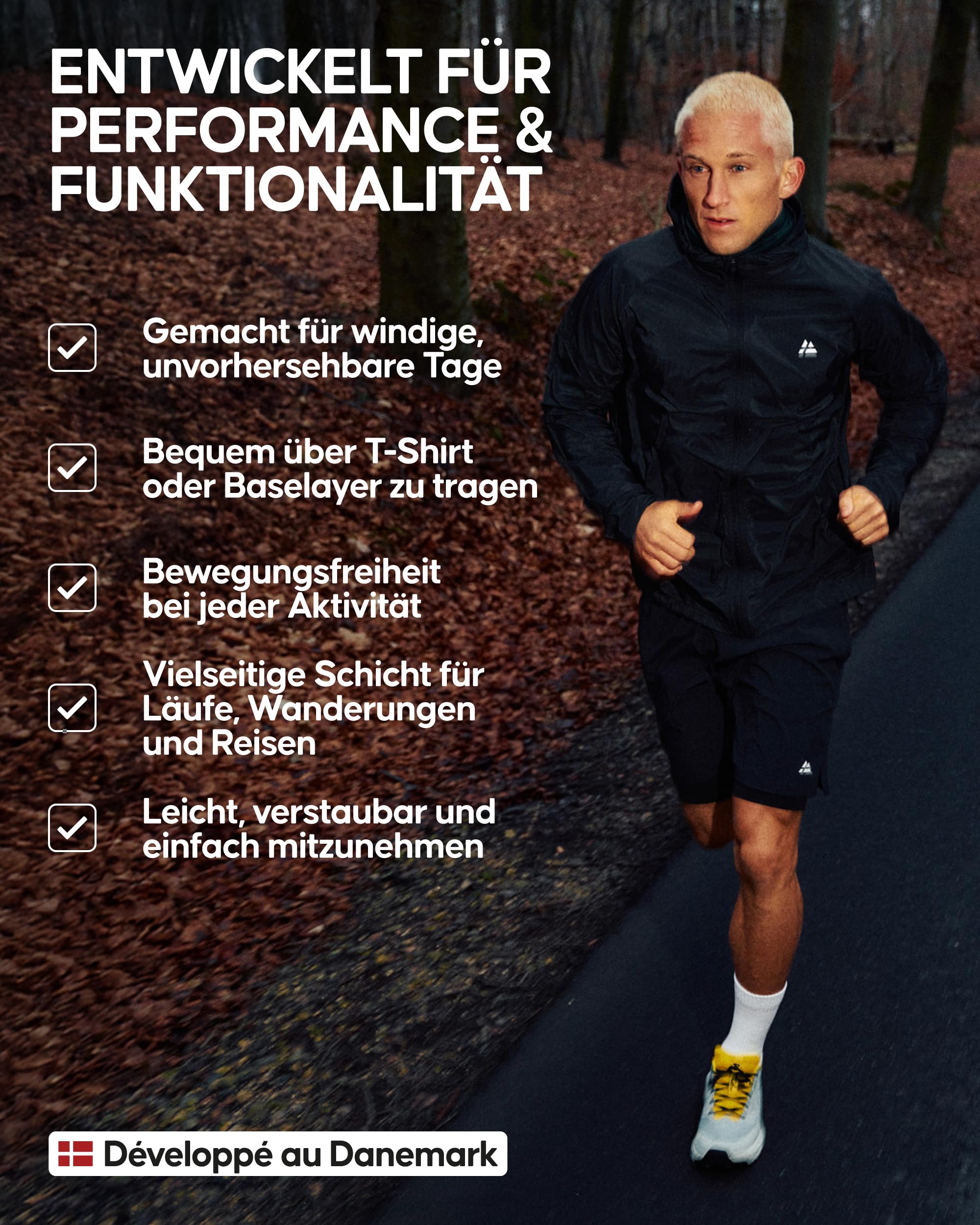 DANISH ENDURANCE Windbreaker-Jacke mit Kapuze Herren, Laufjacke aus recycelten Materialien, Atmungsaktive Sportjacke, Full-Zip, Winddicht & Leicht, für Herren