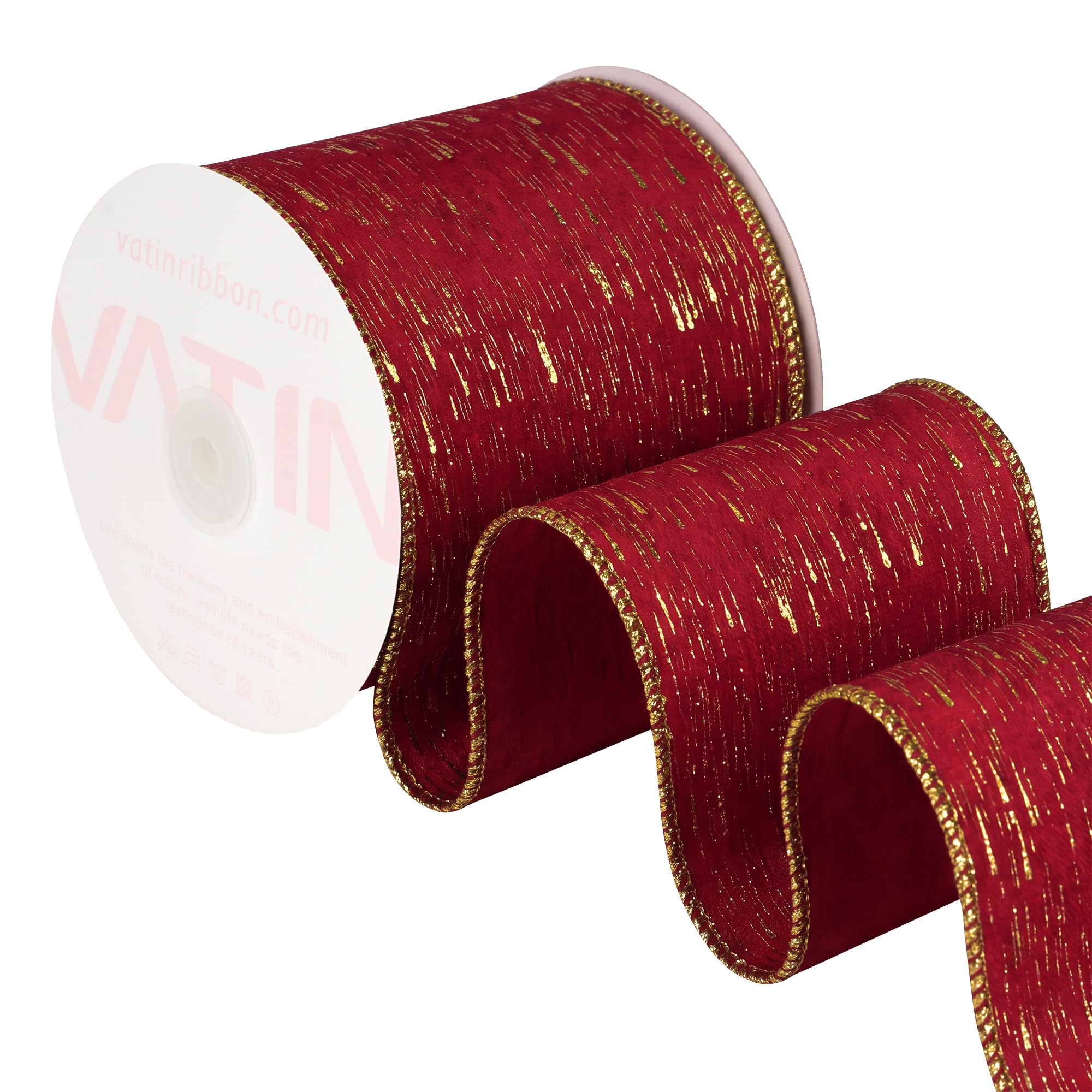 VATIN Red Base Gold Meteor Shower Wired Ribbon,102 MM x 9 M, Christmas Decor