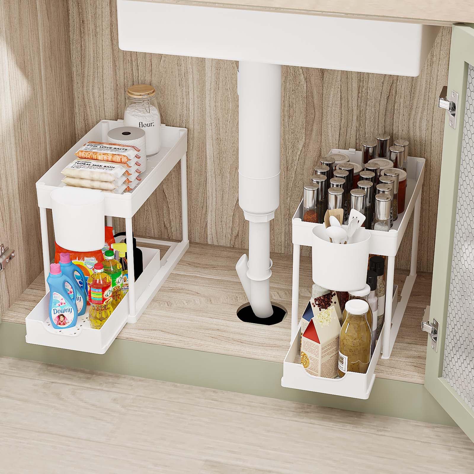 Organizer da cucina a 2 ripiani, scorrevole, multiuso, per bagno, cestino estraibile inferiore (due, bianco)