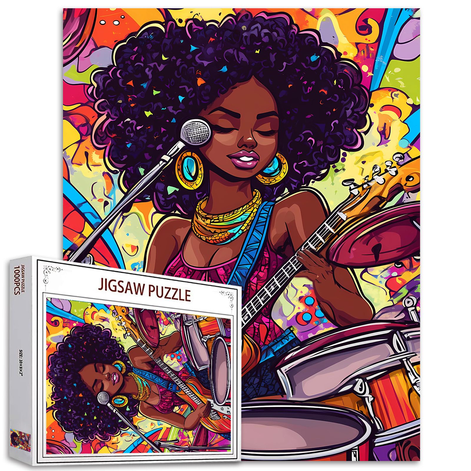 African 1000 Piece Jigsaw Puzzles for Adults African Women Black Girl Painting Jigsaw Puzzle Afro-America Musician 1000 Pieces Playing Guitar Music Puzzles Wall Decor Rock and Roll DIY Craft Puzzle