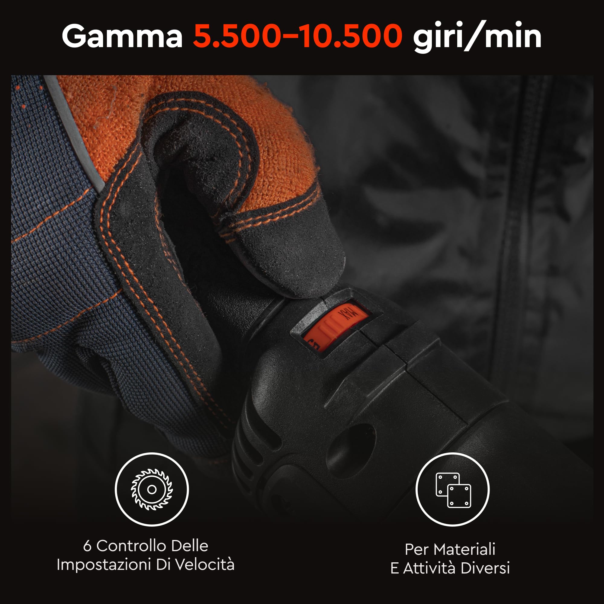 Smerigliatrice Angolare GL-160SE 1100W 125mm - Flessibile da Taglio, 5500-10500 giri/min con Velocità Regolabile, Constant Power, Avvio Graduale e Attacco M14 per Metallo, Cemento e Pietra di Dnipro-M