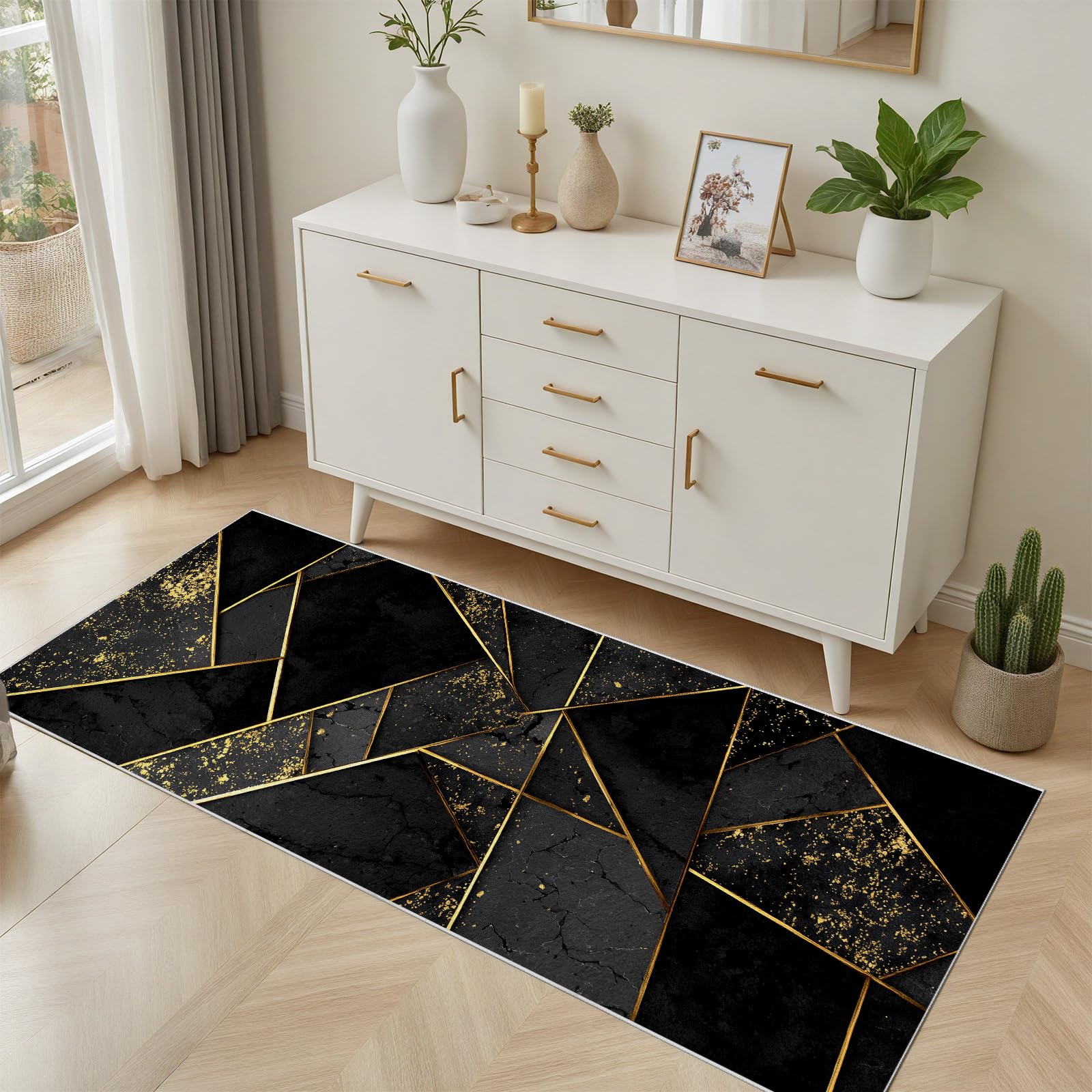 Luxuriöse Geometrie Linien Aus Blattgold Waschbarer Teppich 60x240 cm Teppichläufer Läufer Flur Rutschfest für Schlafzimmer Teppich Geometrie Muster Schwarz Gold Extra Dünn Teppisch Flurläufer