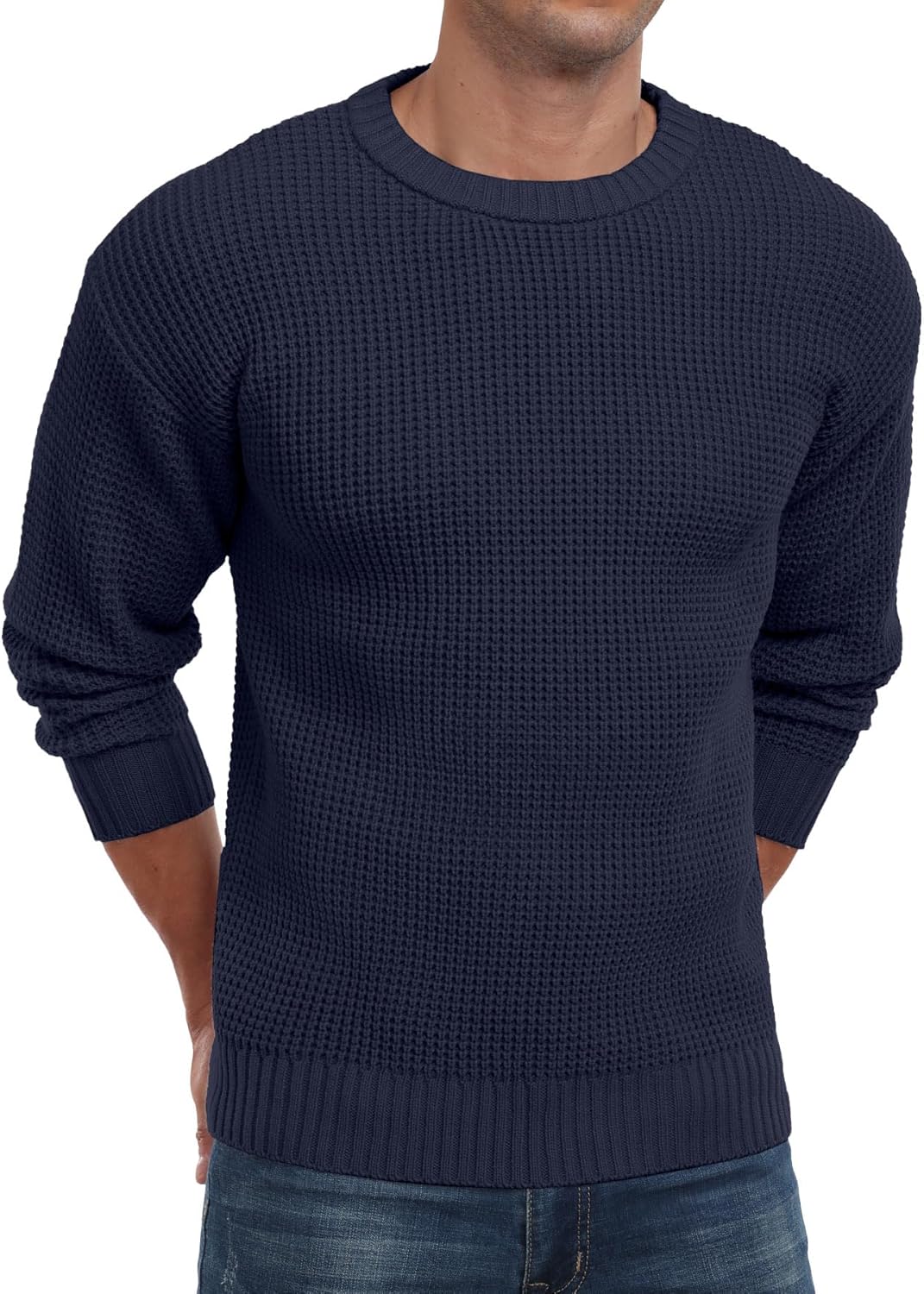 Askdeer Men's Pullover Sweater Waffle Textured Long Sleeve Knit Crewneck Casual Sweater - Image 4