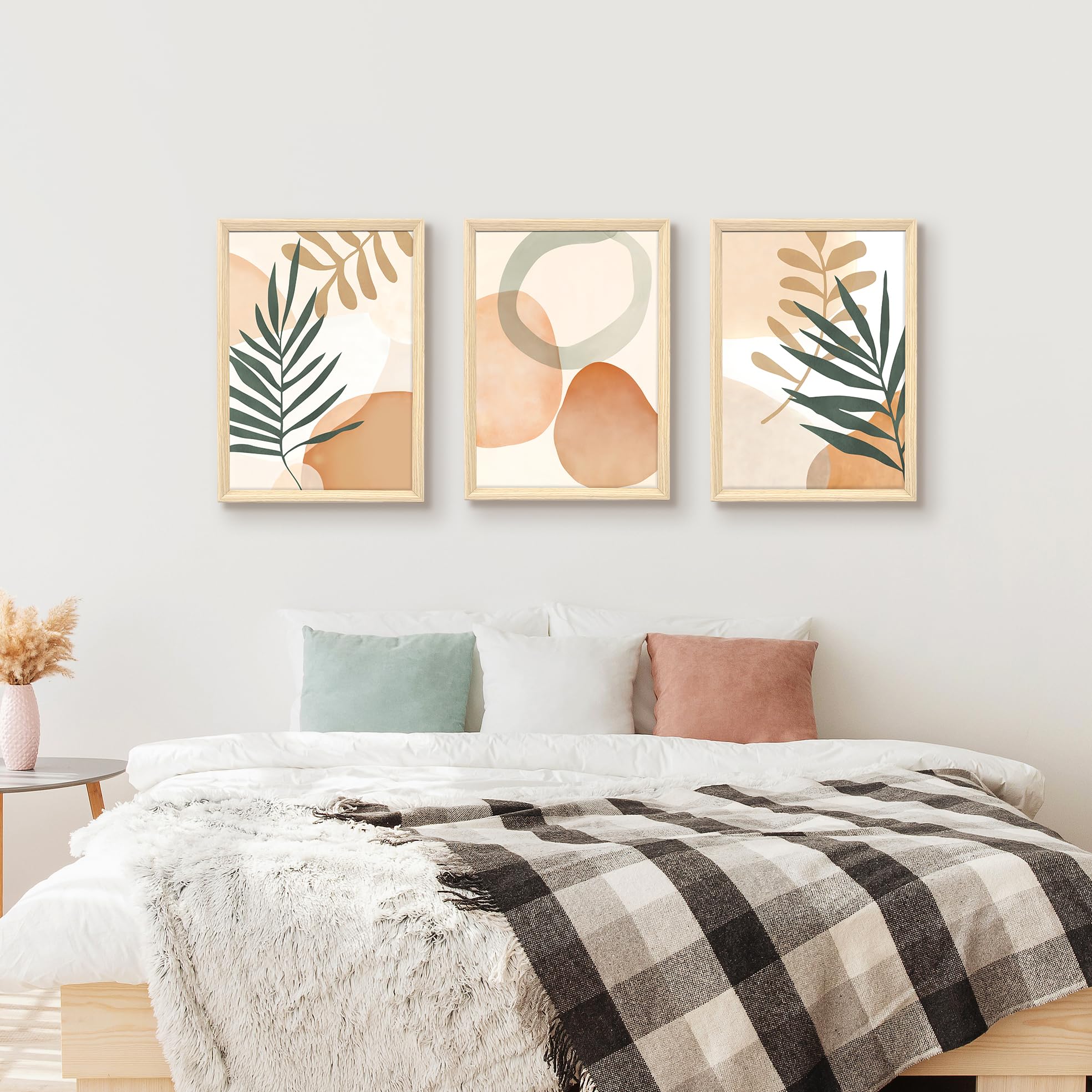 3 Pcs Wooden Framed Canvas Wall Art Set Bohemian Sage Green Canvas Prints Poster Geometric Line Beige Green Pictures for Living Room Bedroom Dinning Room Hallway Stairs Wall Decor 30x40cm x3pcs — view 9