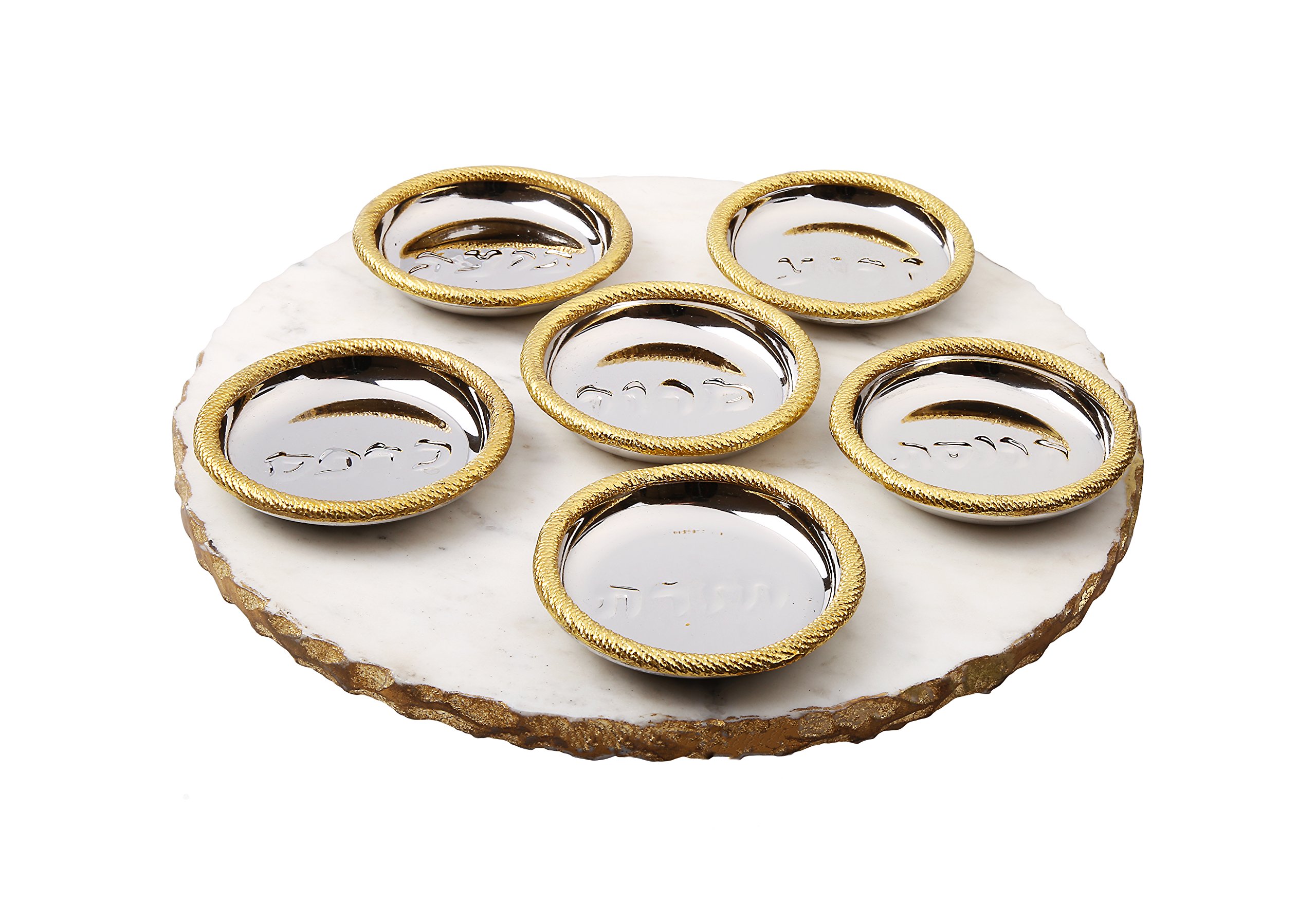 Judaica Place Passover Seder Plate Round Marble Designed with Gold Scalloped Edges and 6 Elevated Bowls