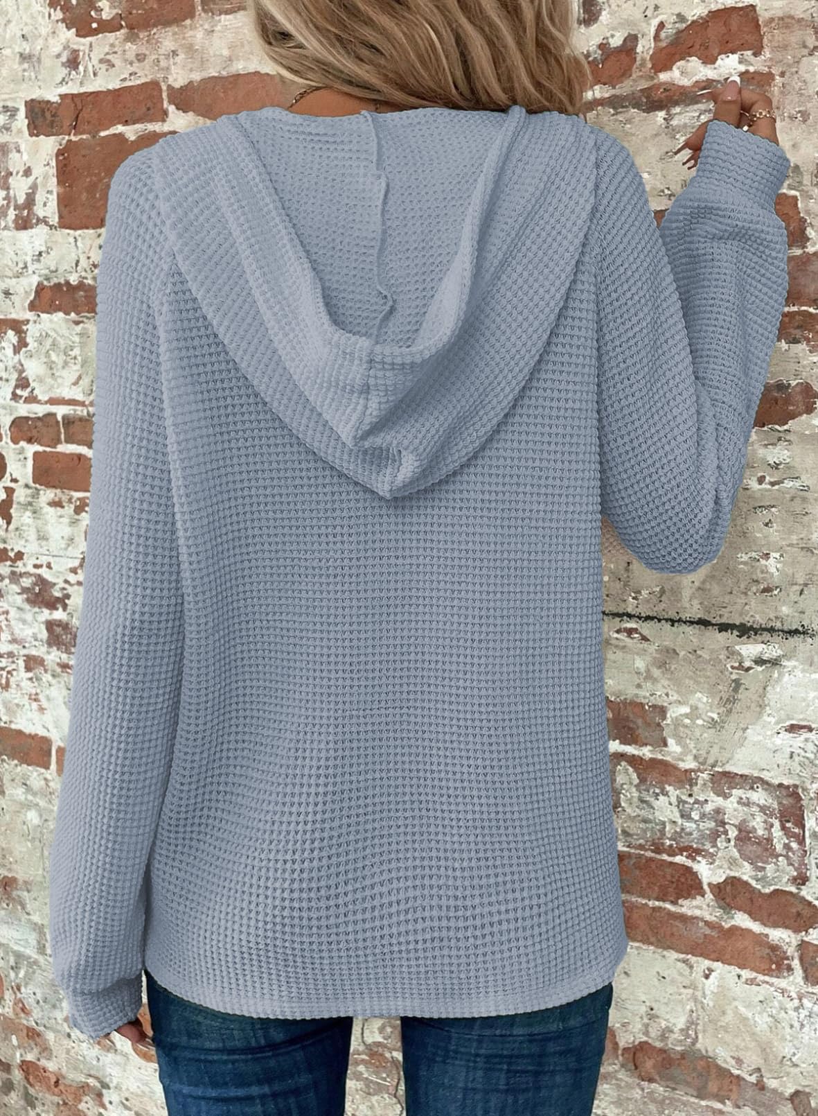 Cuptacc Sweat Femme Manche Longue Col V Boutonné Pull Oversize Cordon Waffle Sweat à Capuche Femme