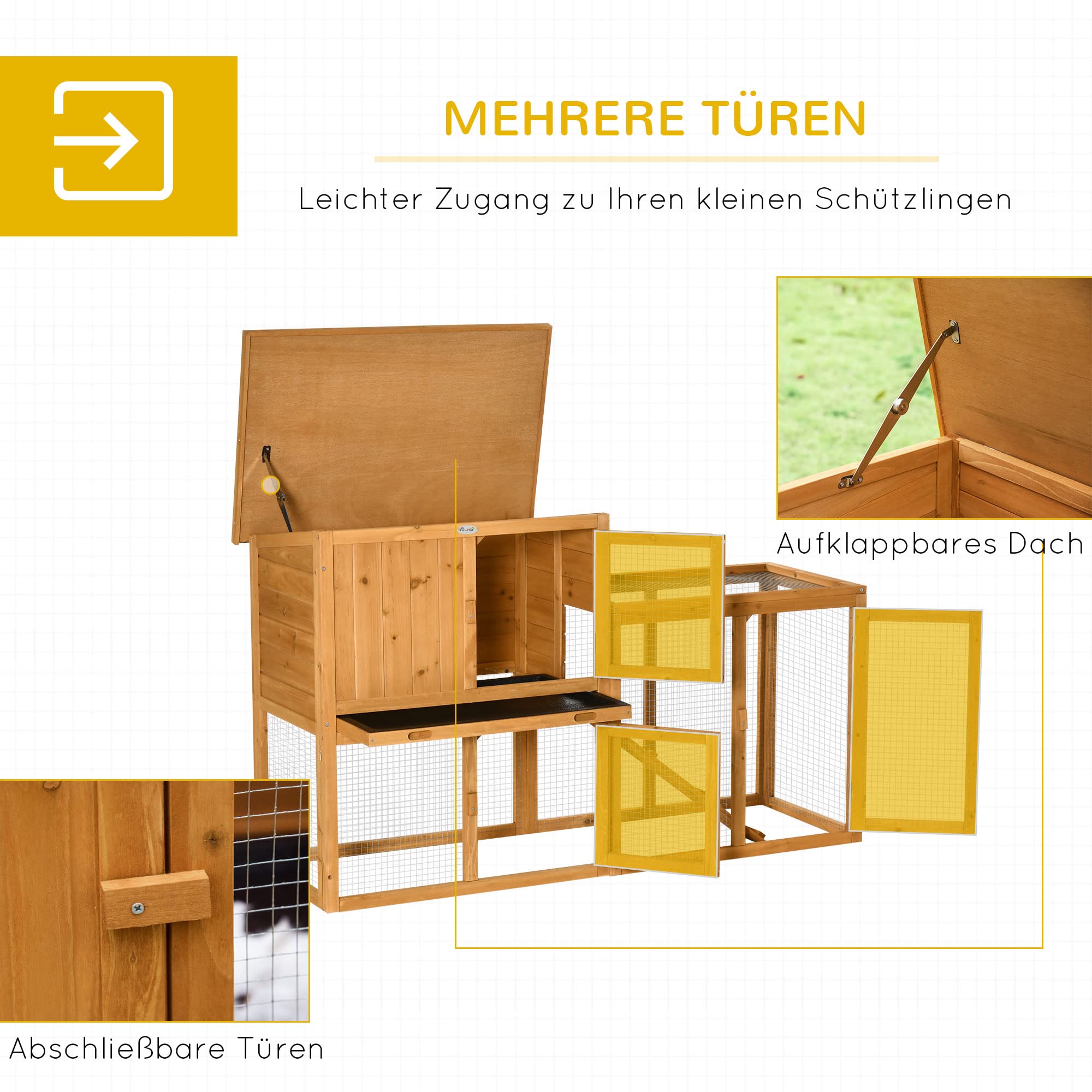 PawHut Gabbia 2 livelli con rampa 141x60x86 cm Arancione | Casa in legno per piccoli animali, ingressi multipli, vassoio rimovibile, interno/esterno