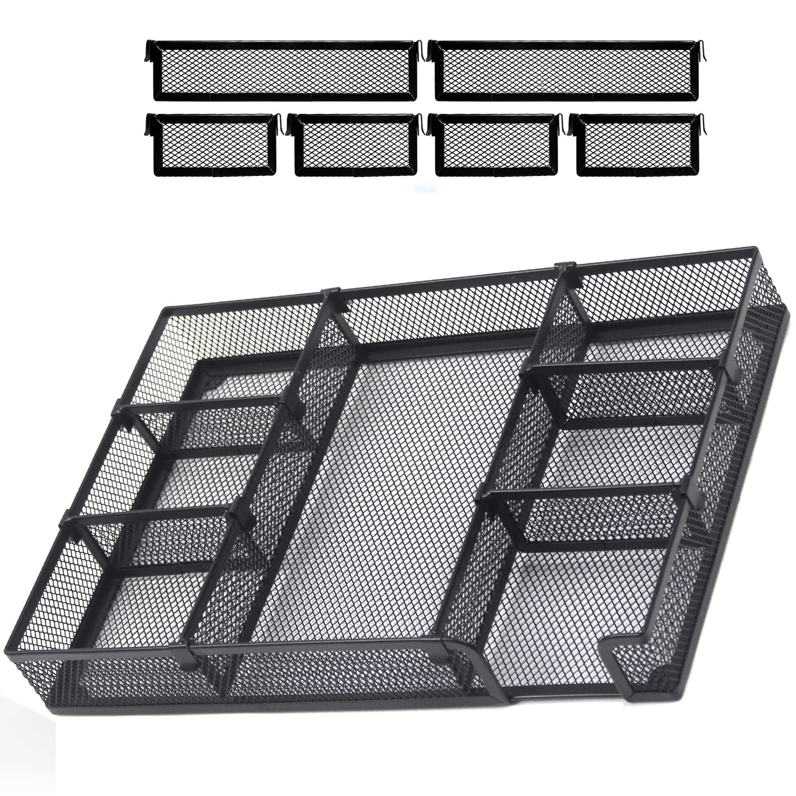 HurLuksi Desk Drawer Organiser Tray, Mesh Desks Organisers Tidy, Office Desk Accessories with 6 Adjustable Compartments