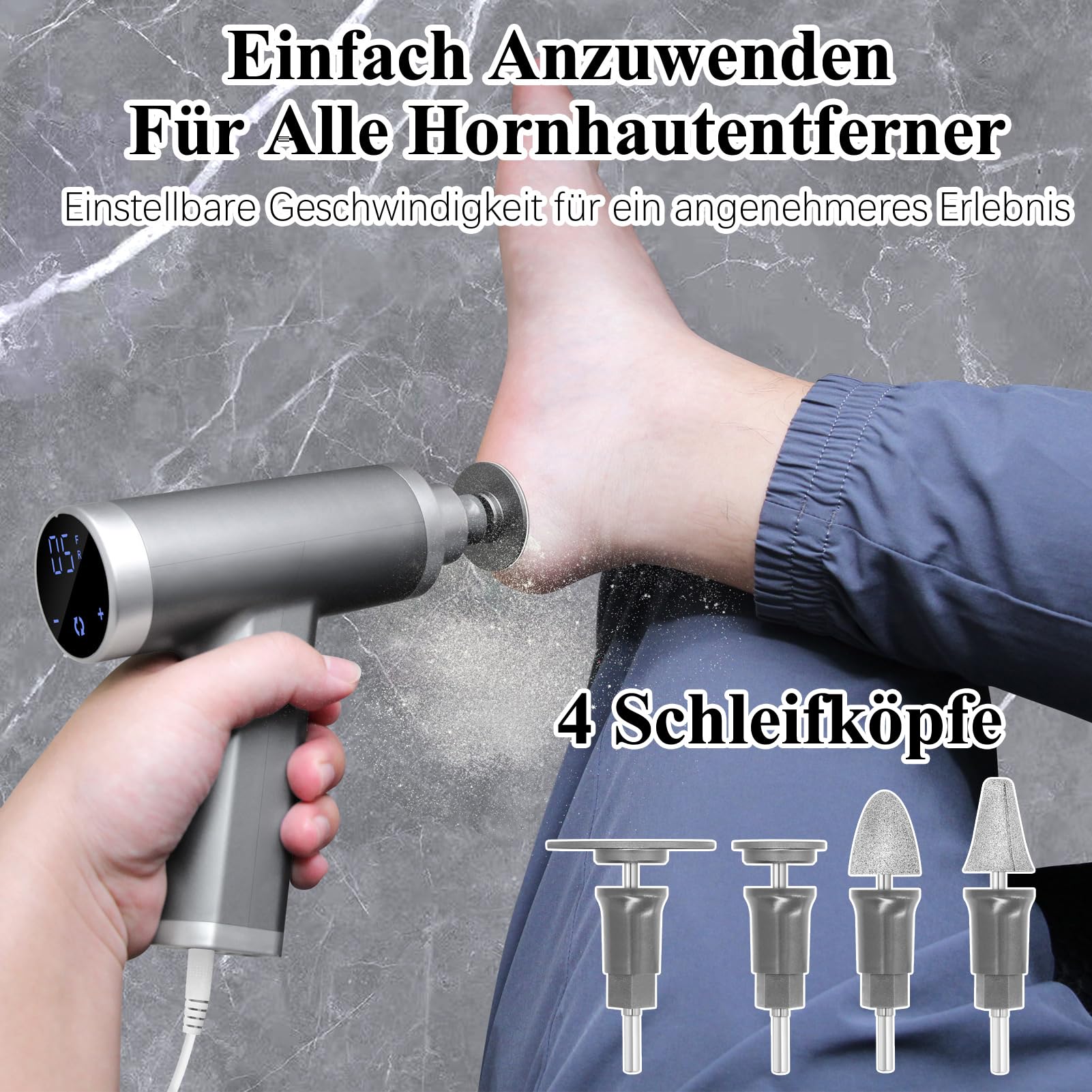 Professioneller Hornhautentferner Elektrisch 4500rpm, Superschneller Elektrischer Hornhautentferner Fußfeile Hornhaut Entferner Pediküre Hornhauthobel mit 4 Austauschbare Köpfe (Grau)