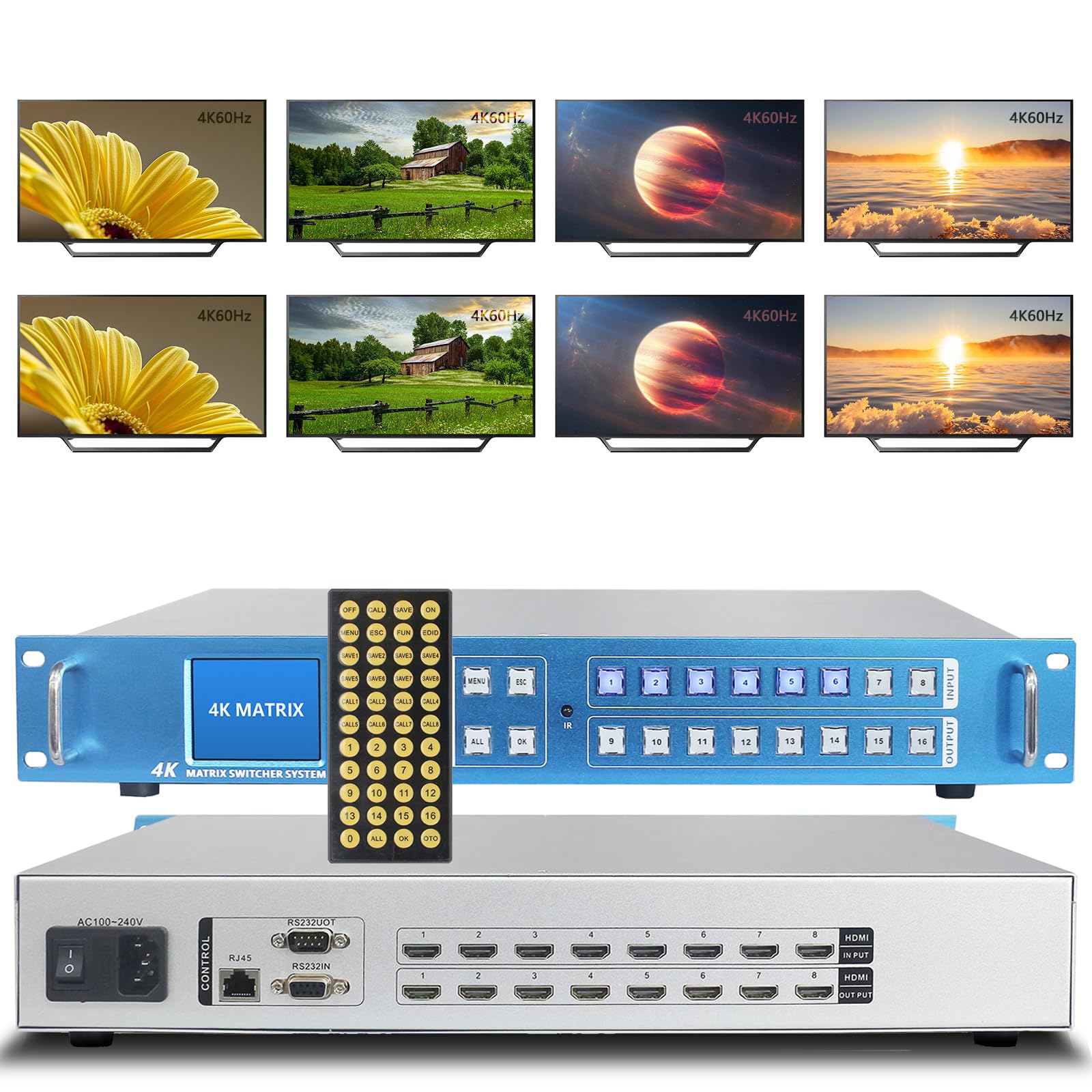 ICUIXIAN UltraHD 8x8 HDMI Matrix 4K 60Hz YUV 4:4:4, HDMI 2.0, HDCP 2.2, 18 Gbit/s, EDID, Web-GUI+RS-232+ pilot zdalnego sterowania, 1U 19-calowy Rack-8x8-HDMI przełącznik matrycy obsługuje