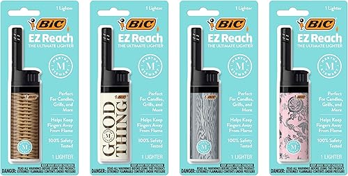 BIC EZ Reach - Encendedor de velas, el encendedor definitivo con varita para velas, diseños surtidos de Martha Stewart, paquete de 4 encendedores