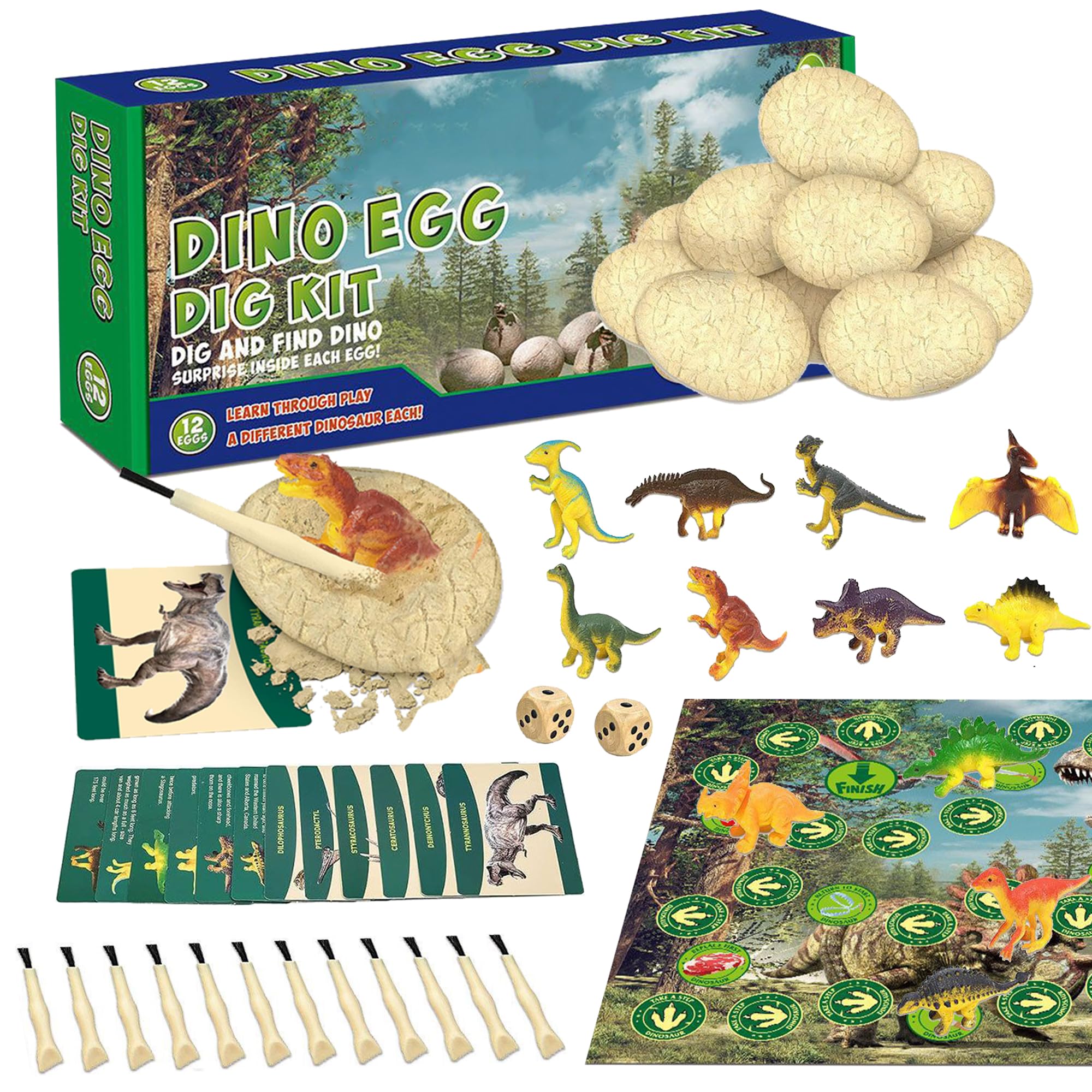 12 PCS Dinosaur Eggs Dig Kit, Dino Eggs Excavation Dig Kit with Play Mat Educational Learning Cards for Easter Eggs Science Activities Birthday Party
