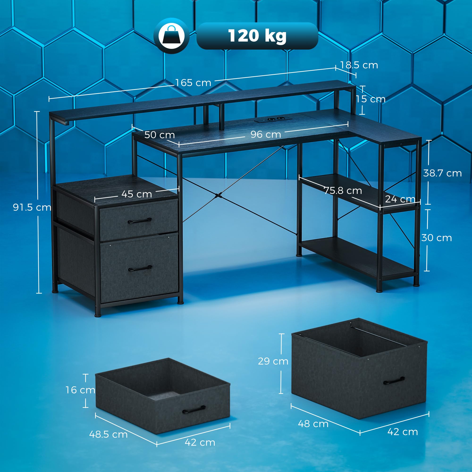 HOMCOM Scrivania Gaming ad L con Multipresa, Luci LED, 165x80 cm Scrivania PC con 2 Cassetti in Tessuto, 2 Scaffali Aperti, Tavolino Laterale e 2 Supporti per Monitor, in Truciolato e Acciaio, Nero