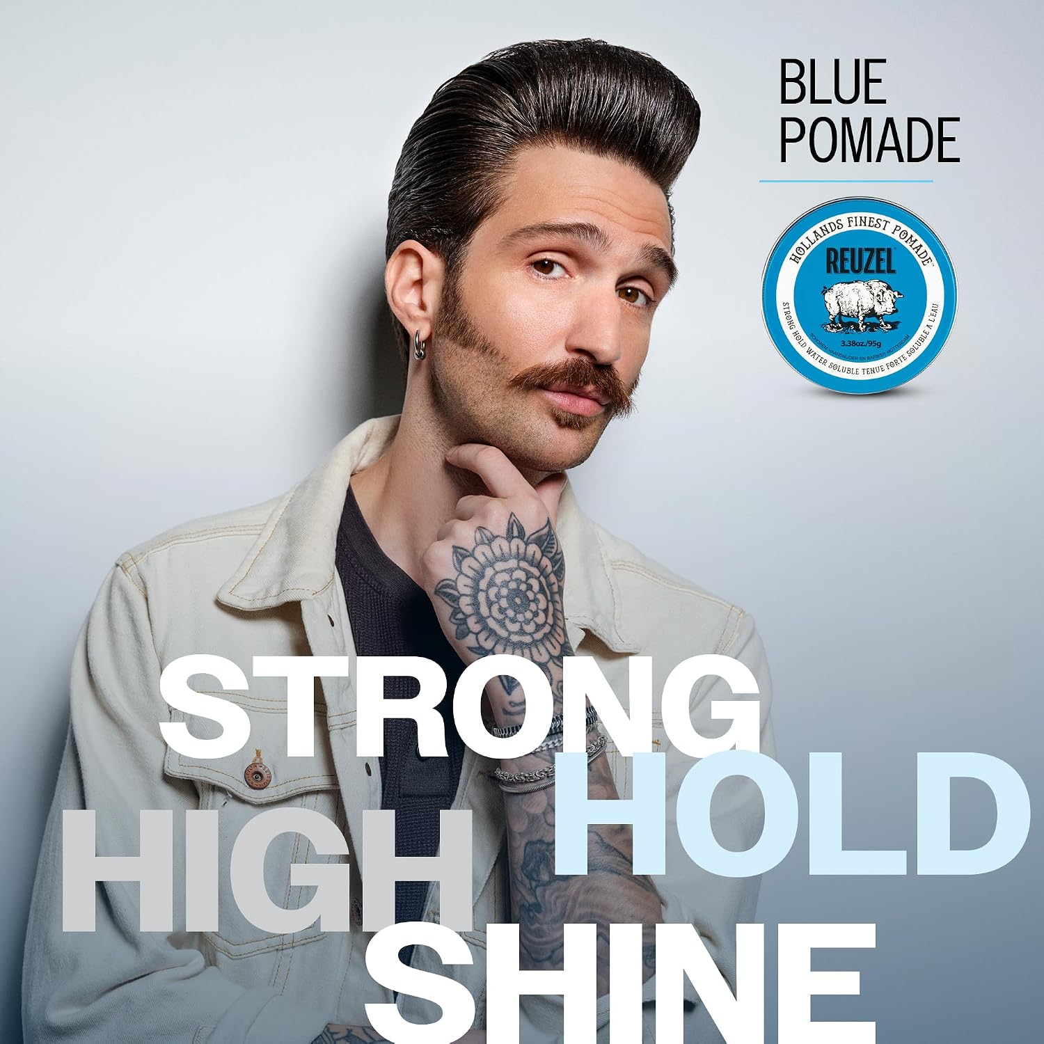REUZEL Blue Pomade, Strong All Day Hold, Water Soluble Styling, High Shine and Flake Free, Easy To Wash Out, For All Hair Types