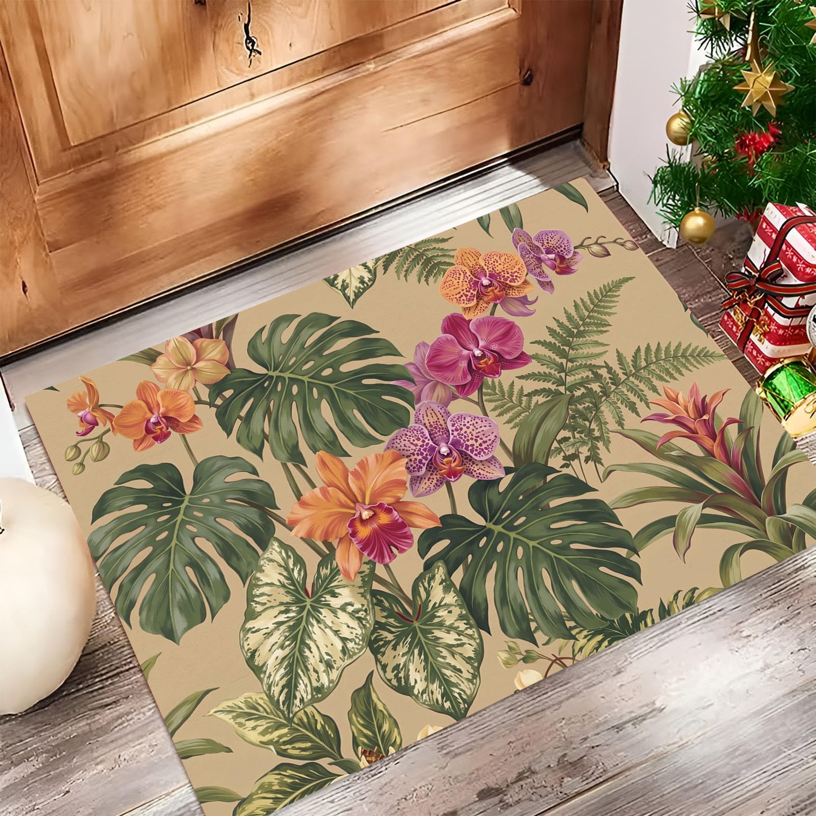 Orange Violet Plantes Fleurs Tropicalespaillasson Durable Et Antidérapant Retient L’Eau Et Les Saletés Facile À Nettoyerpaillasson Interieur80X120 Cm Tapis D'Entrée Antidérapant